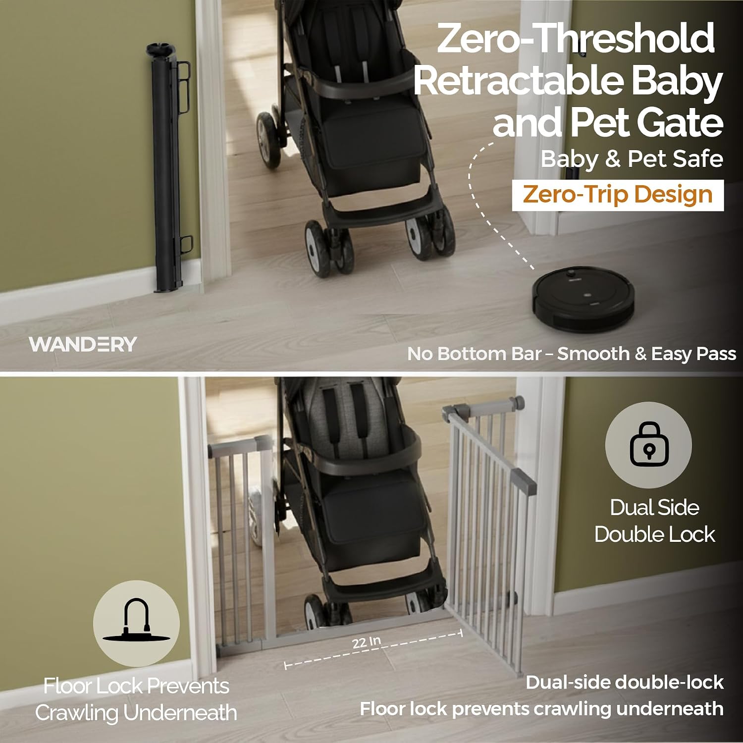 Retractable Baby Gate - 118" Extra Wide Mesh Dog Gate with Support Rods - 34" Tall for Stairs, Doorways, Hallways - Drill or No-Drill - Pet & Cat Gate - Outdoor/Indoor (Black, 9.84 ft) - view 3