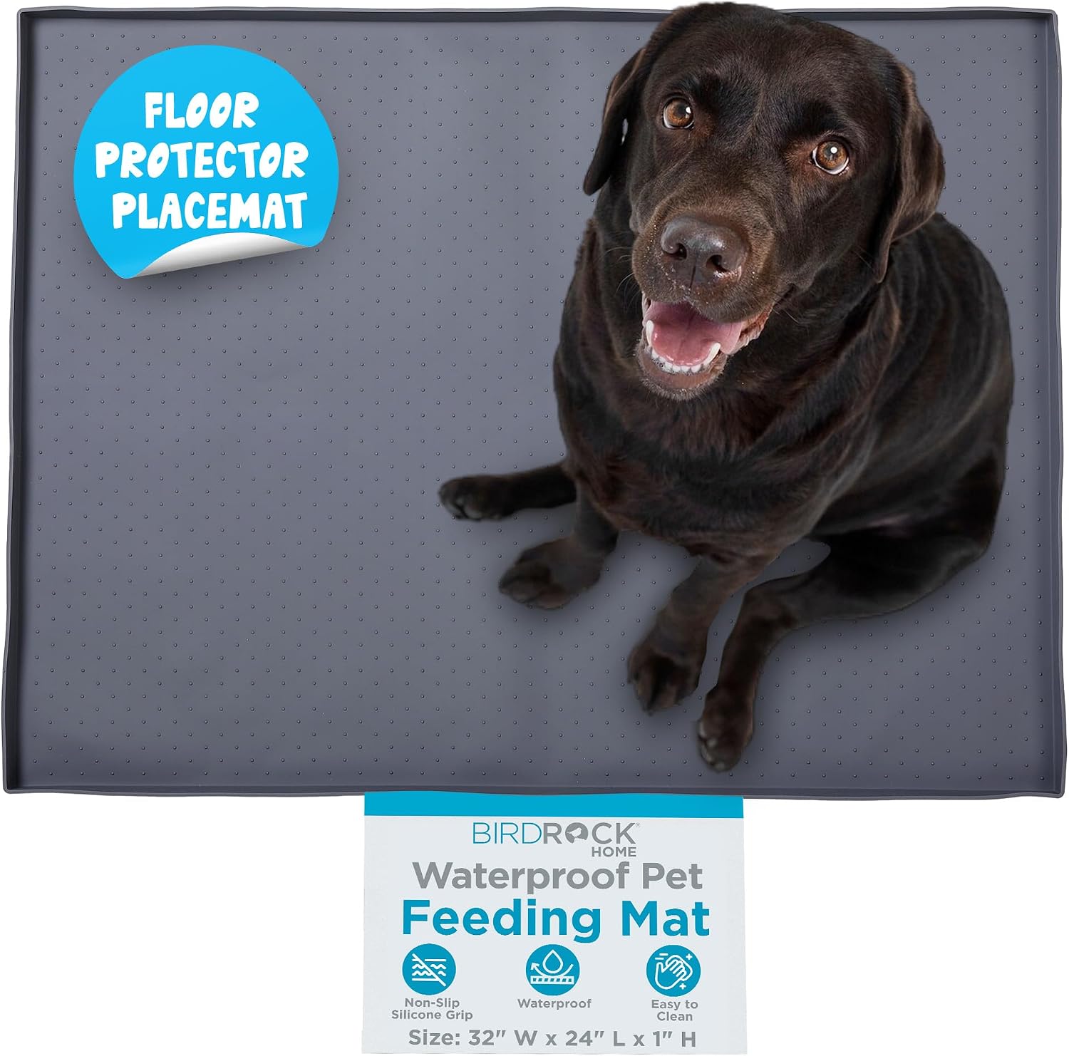 Extra-Large Dog Mat for Food and Water Bowls - Waterproof Pet Feeding Mat to Prevent Spills - Anti-Slip Rubber Tray for Messy Eaters - Placemat Protector for Floors - 32in x 24in - Grey