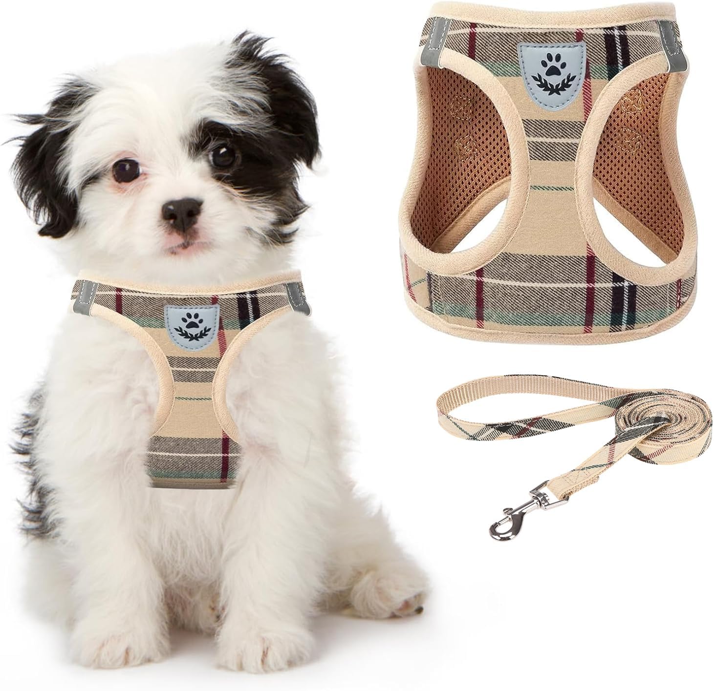 Small Dog Harness and Lead Set, Soft Mesh Plaid Puppy Harness with Safety Buckle, Adjustable & Comfortable Padded Reflective Vest for Puppies and Small Breeds Dogs Walking,Pink,X-Small - view 2