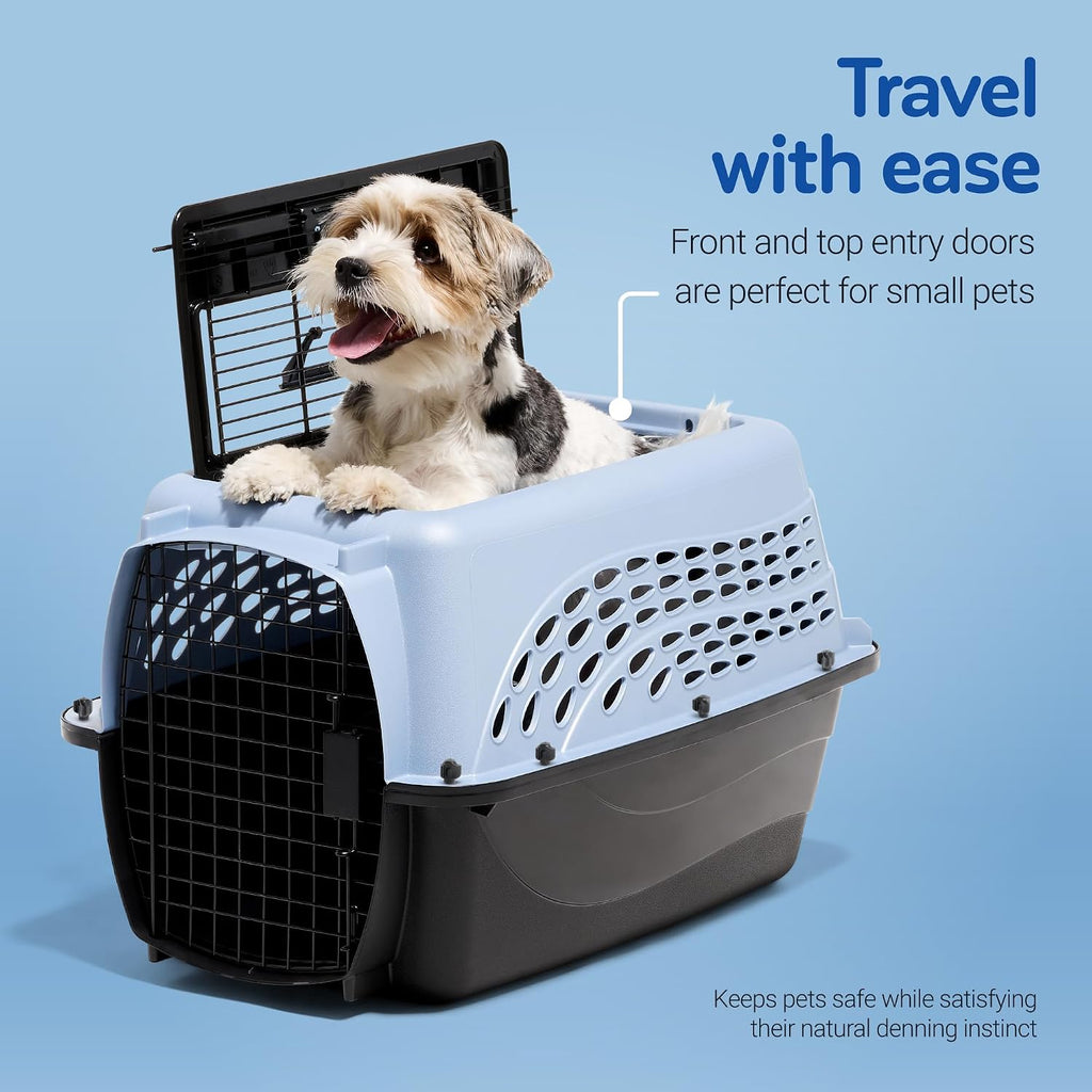 Dog Crates for Small Dogs & Cat Carriers, Two-Door Plastic Pet Kennel, Top & Front Loading, Made in USA, 24", Blue | Plastic pet kennel made in USA, for small pups and kittens, dual entry design, great for travel and vet trips, easy access - view 3