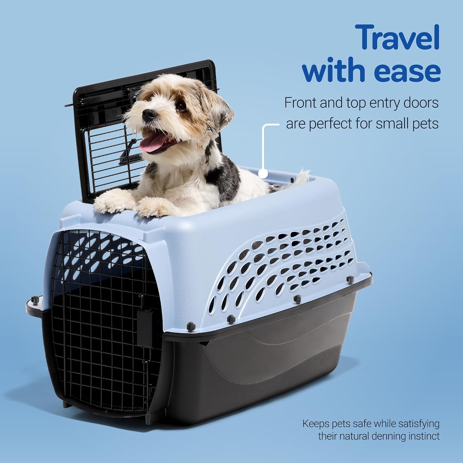 Dog Crates for Small Dogs & Cat Carriers, Two-Door Plastic Pet Kennel, Top & Front Loading, Made in USA, 24", Blue | Plastic pet kennel made in USA, for small pups and kittens, dual entry design, great for travel and vet trips, easy access - view 3