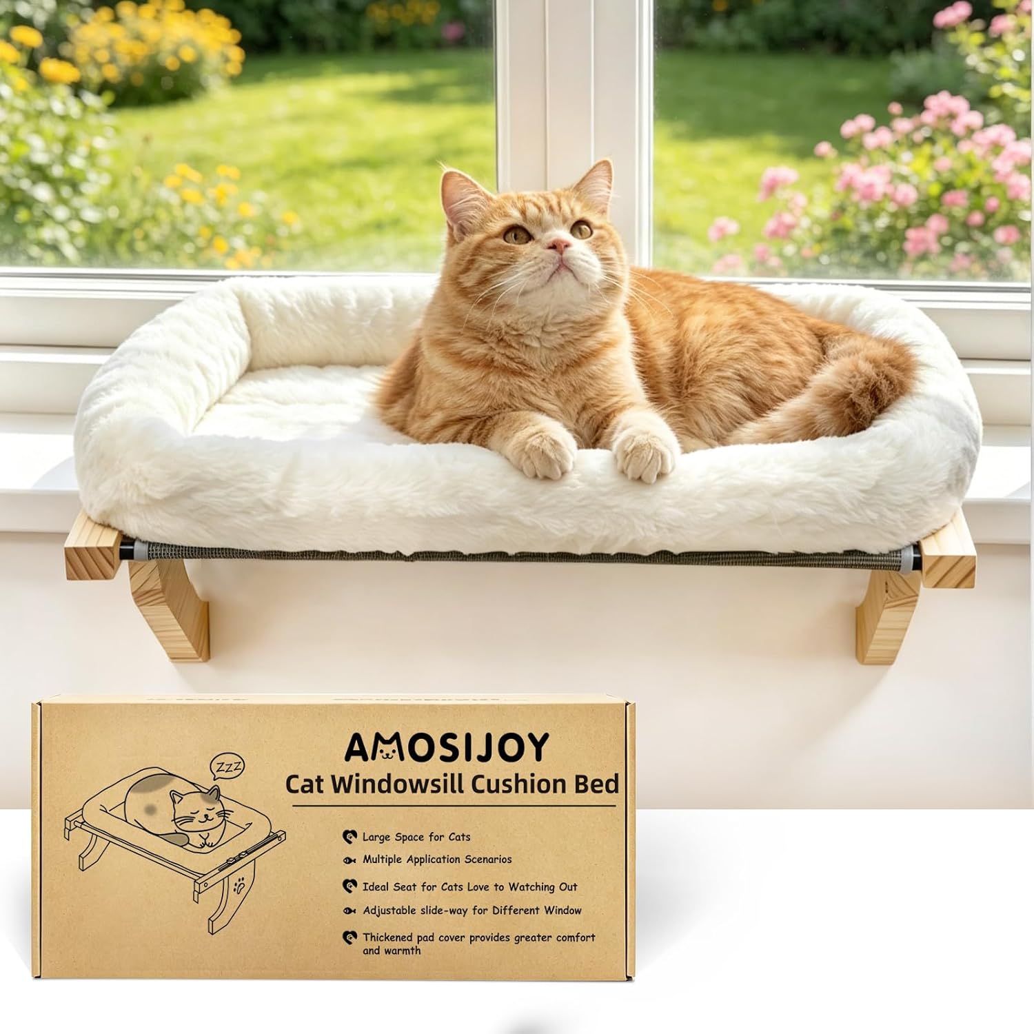 Cat Sill Window Perch Sturdy Hammock Window Seat with Cushion Bed Cover, Wood & Metal Frame for Large Cats, Easy to Adjust Cat Bed for Windowsill, Bedside, Drawer and Cabinet(Cushion Bed)