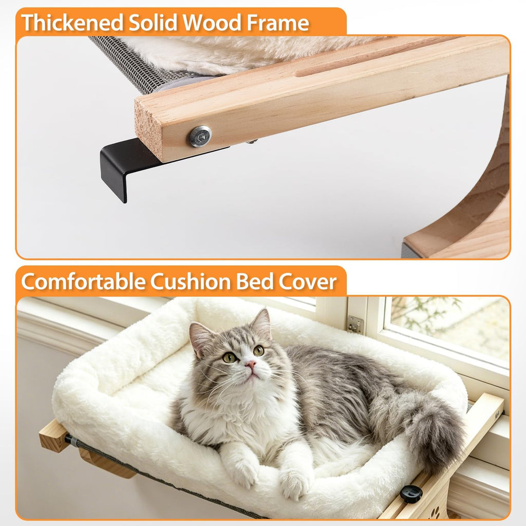 Cat Sill Window Perch Sturdy Hammock Window Seat with Cushion Bed Cover, Wood & Metal Frame for Large Cats, Easy to Adjust Cat Bed for Windowsill, Bedside, Drawer and Cabinet(Cushion Bed) - view 6