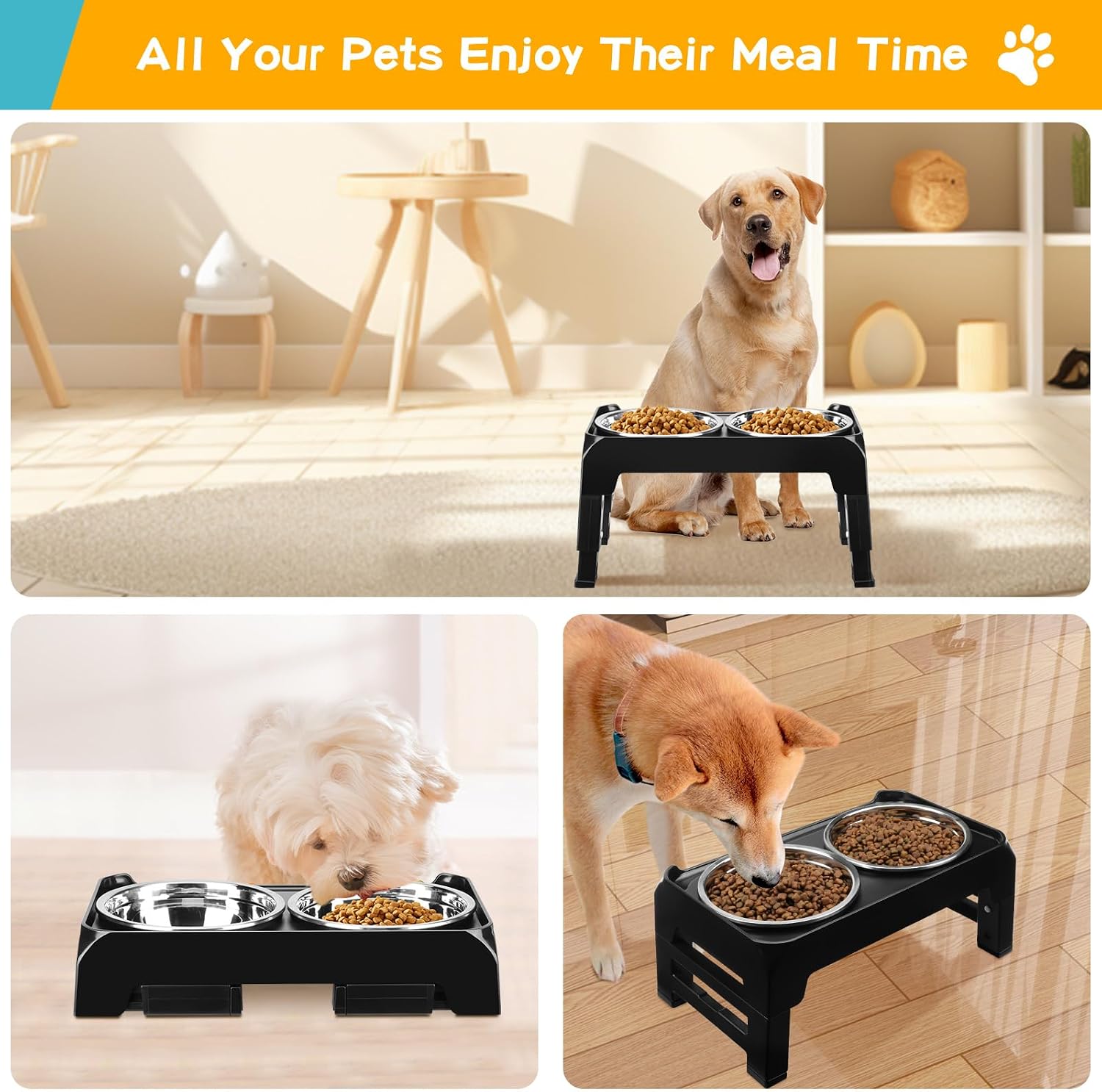 Elevated Dog Bowls for Small Medium Dogs, 3 Height Adjustable Raised Stand with 2 Thick 6" Stainless Steel Food Bowls, Non-Slip Feeder Adjusts to 2.75", 6", 7.5", Black - view 8