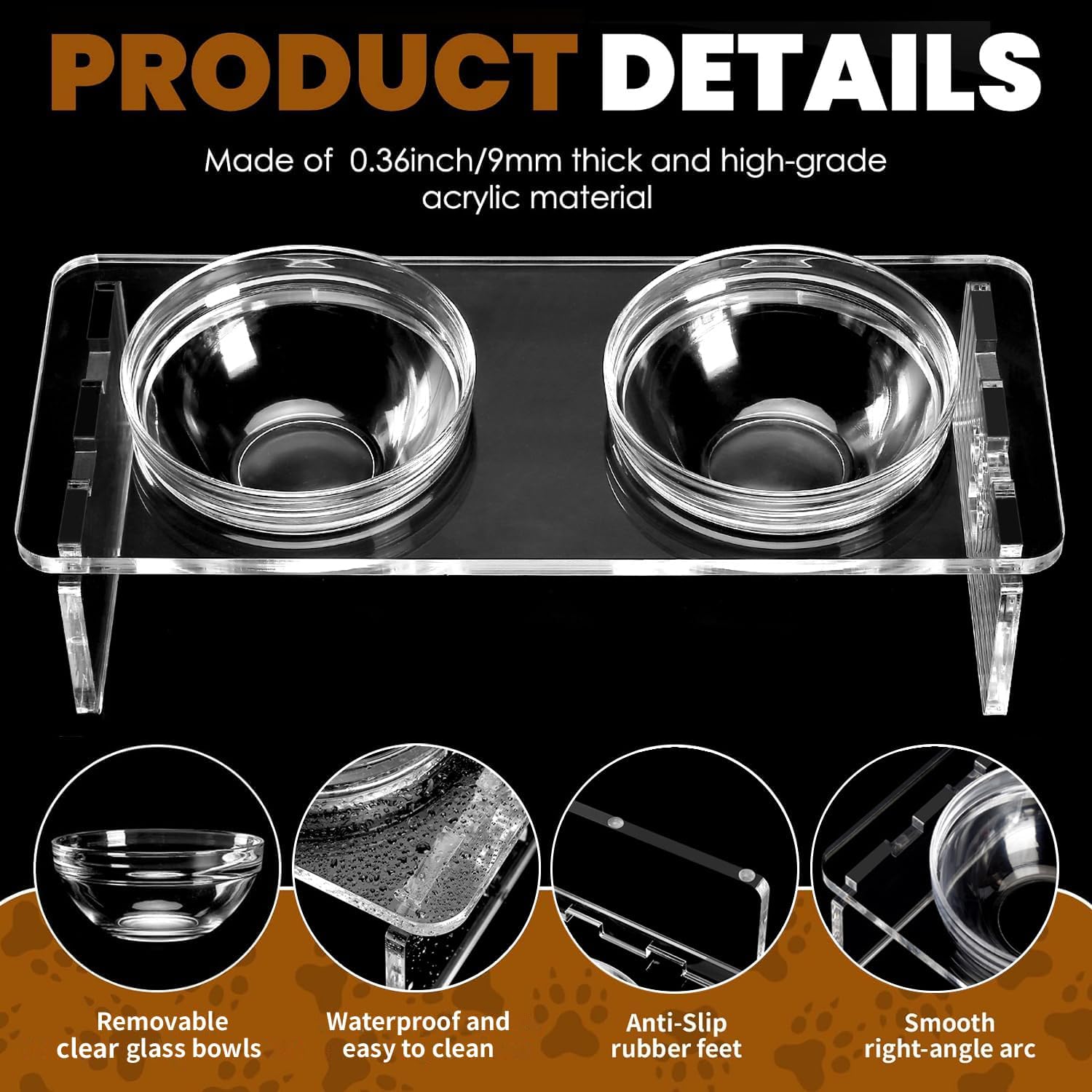 Elevated dog & cat bowls – 3.75" acrylic raised pet feeder stand with 2 stainless steel & 2 glass bowls – food & water dish set for puppy/small dogs & cats - view 6