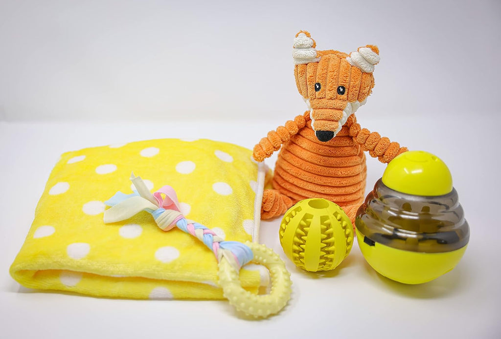 Puppy starter kit – 5pc dog toy gift set for small dogs – new puppy essentials gift box with blanket, squeaky plush, teething ring, treat ball & chew ball (yellow) - view 7