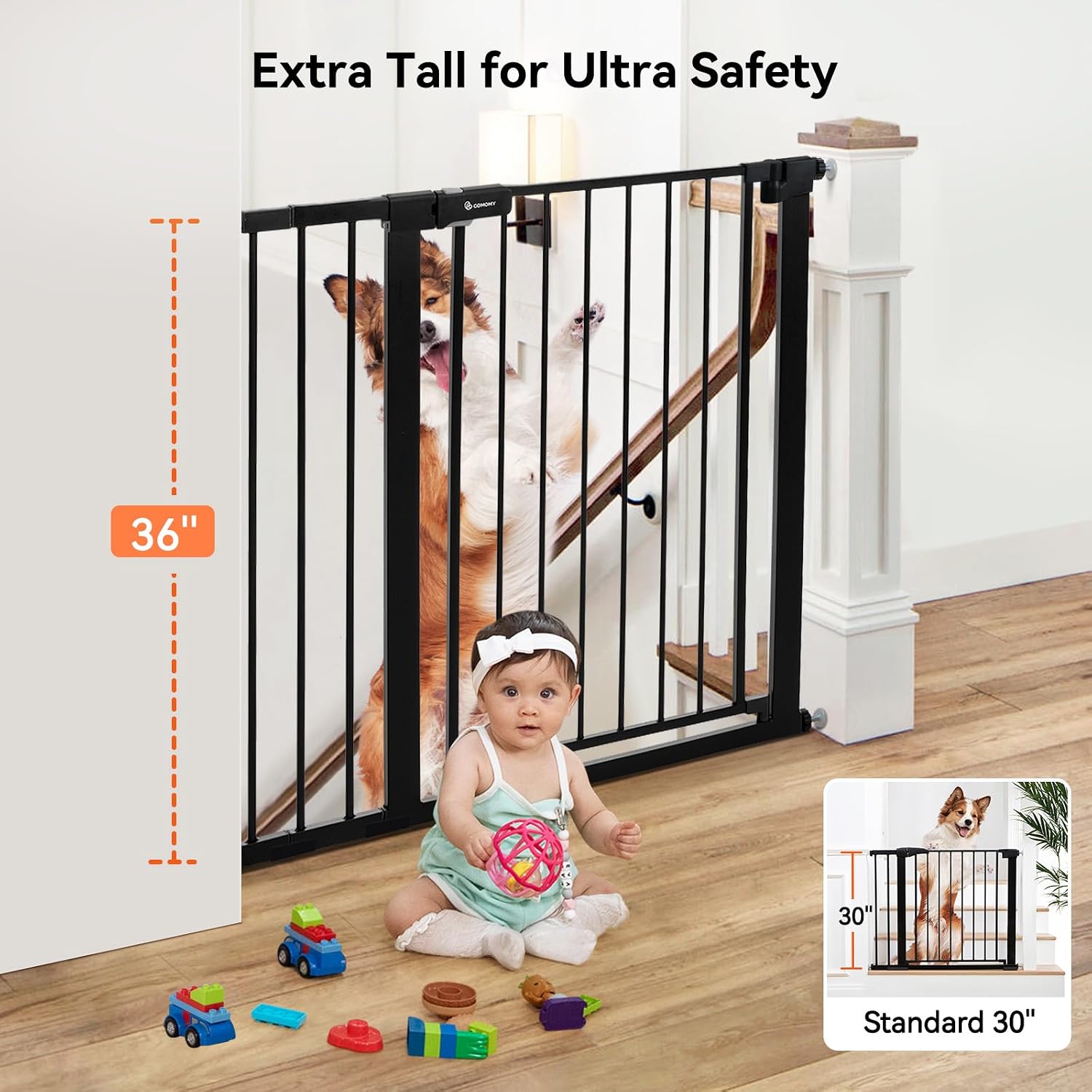 36" Extra Tall Baby Gate for Stairs, Fits 29.5" to 48.8" Openings | Auto Close Extra Wide Dog Gate for House, Pressure Mounted Easy Walk Through Pet Gate with Door, Black - view 2