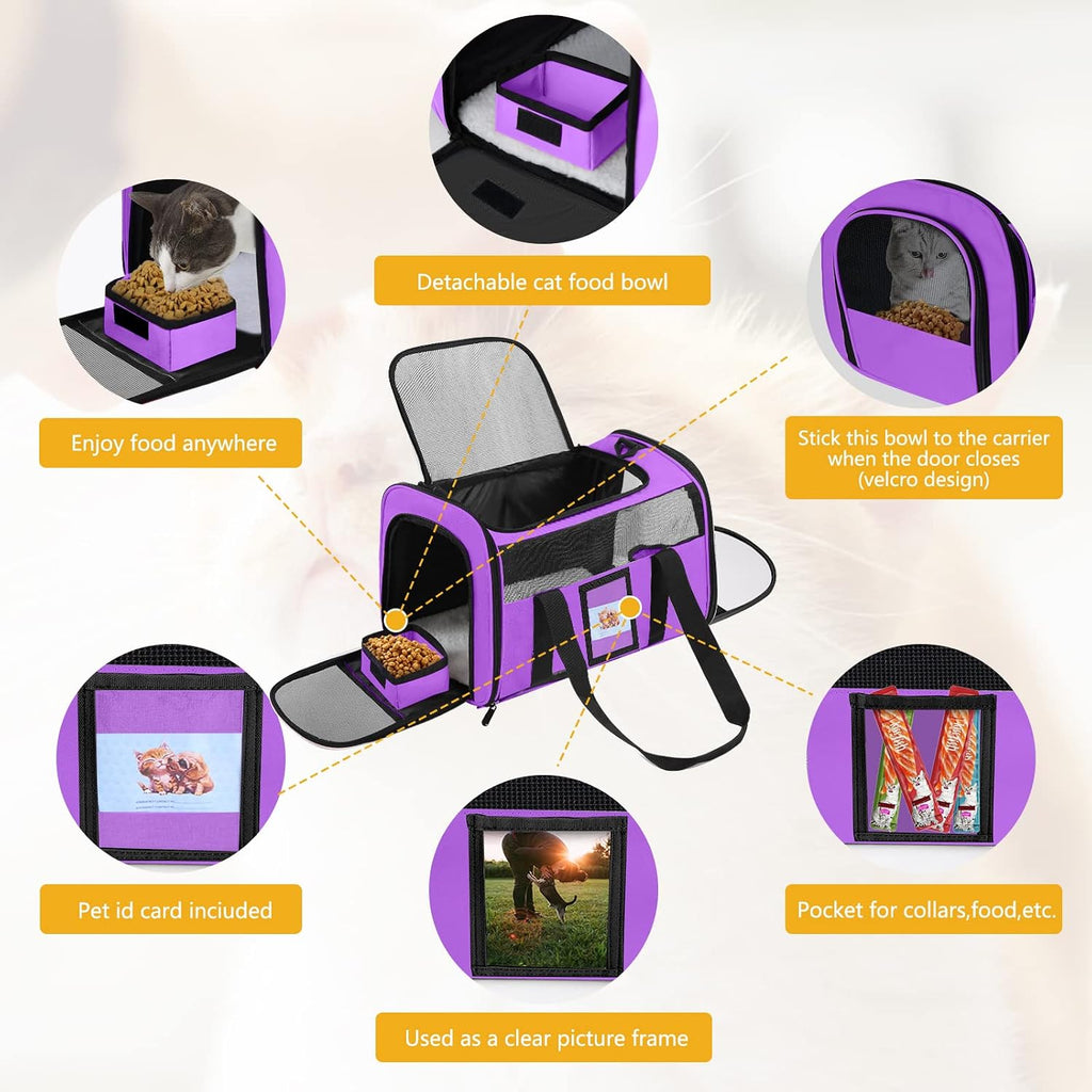 17" airline approved cat carrier for cats up to 15lbs, purple | TSA compliant fits under seat, soft-sided lightweight, 4-side breathable mesh, collapsible food bowl for travel - view 4