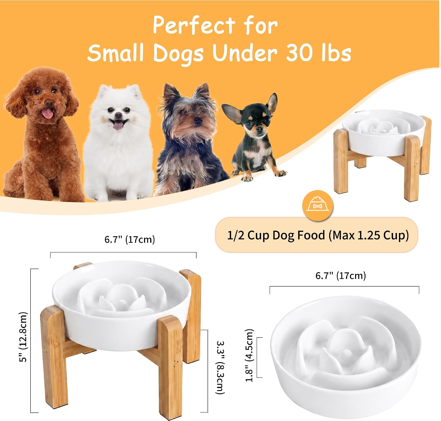 Elevated slow feeder dog bowl, 6.7" ceramic maze dog bowl with stand | 1.5 cups slow feeding dog dish for fast eaters, 5" tall anti-slip raised slow feeder for small and medium breeds, white - view 2