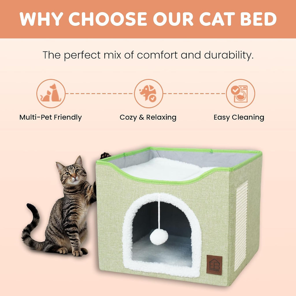EverBrightly Cat Condo Bed | Foldable Pet Cave with Scratcher Pad, Reversible Cushion & Hanging Toy Ball | Indoor Hideaway, Lounge Perch & Playhouse, Durable Linen with Cozy Sherpa - view 2