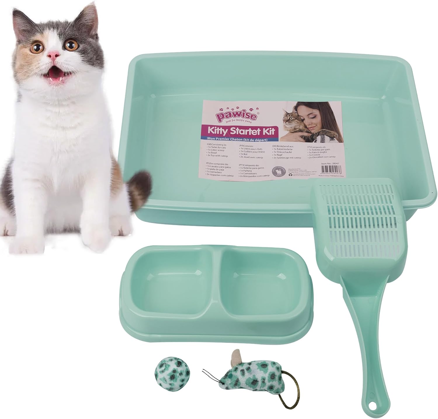 Small Cat Litter Box,14.3 x 10.6 x 2.5 Kitten Litter Box Starter Kit,Low Entry Baby Kitten Training Litter Box with Scoop,Bowls,Cat Mouse Toy and Ball Toy,First Catty Owner Essentials (Green)