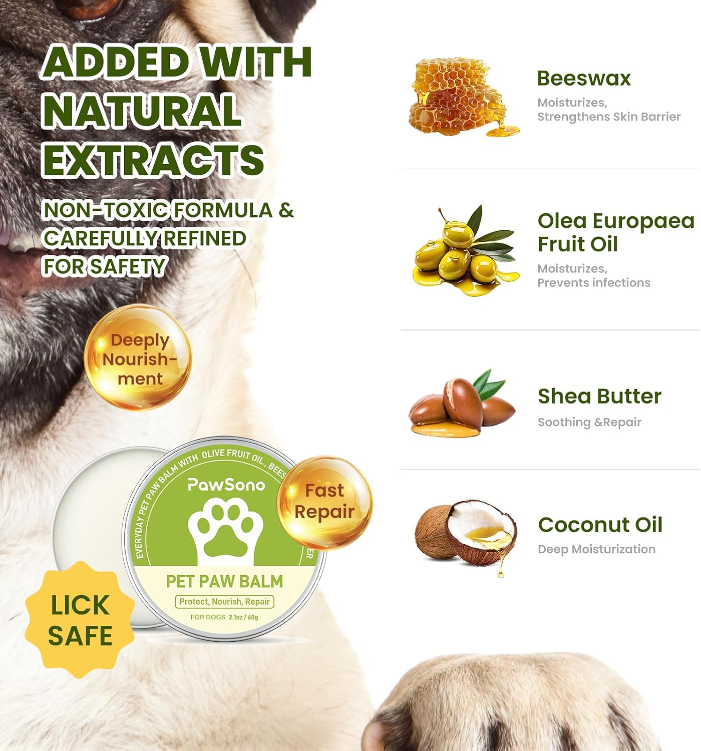 Lick-Safe Dog Paw Balm for Paws & Nose, All-Natural Paw Pad Moisturizer for Dogs & Cats, Paw Butter Helps Soothe Dry, Cracked Paws, Protects from Snow, Ice Melt & Hot Pavement, 1Pack | 2.1 oz - view 2
