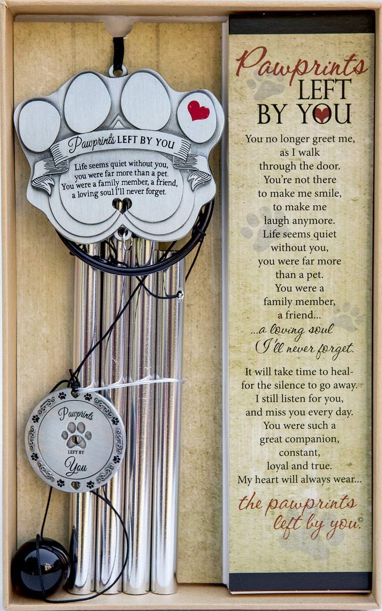 Pet memorial wind chime - 18" metal casted pawprint wind chime - a beautiful remembrance gift for a grieving pet owner - includes pawprints left by you poem card