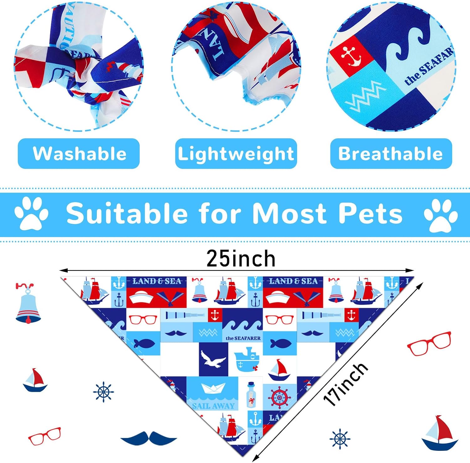 8 Pcs Nautical Dog Bandana Summer Ocean Puppy Bandanas Dog Triangle Scarf Adjustable Washable Bibs Cat Pet for Sea Neckerchief Birthday Party Gift Photo Prop Costume Accessory 25 x 17 x 17 Inch - view 2