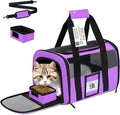 17" airline approved cat carrier for cats up to 15lbs, purple | TSA compliant fits under seat, soft-sided lightweight, 4-side breathable mesh, collapsible food bowl for travel