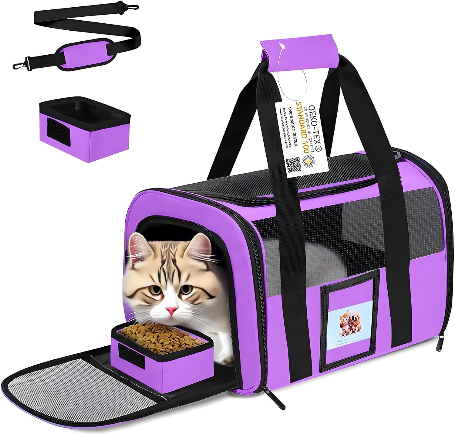 17" airline approved cat carrier for cats up to 15lbs, purple | TSA compliant fits under seat, soft-sided lightweight, 4-side breathable mesh, collapsible food bowl for travel