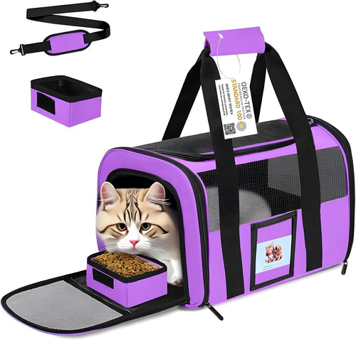 17" airline approved cat carrier for cats up to 15lbs, purple | TSA compliant fits under seat, soft-sided lightweight, 4-side breathable mesh, collapsible food bowl for travel