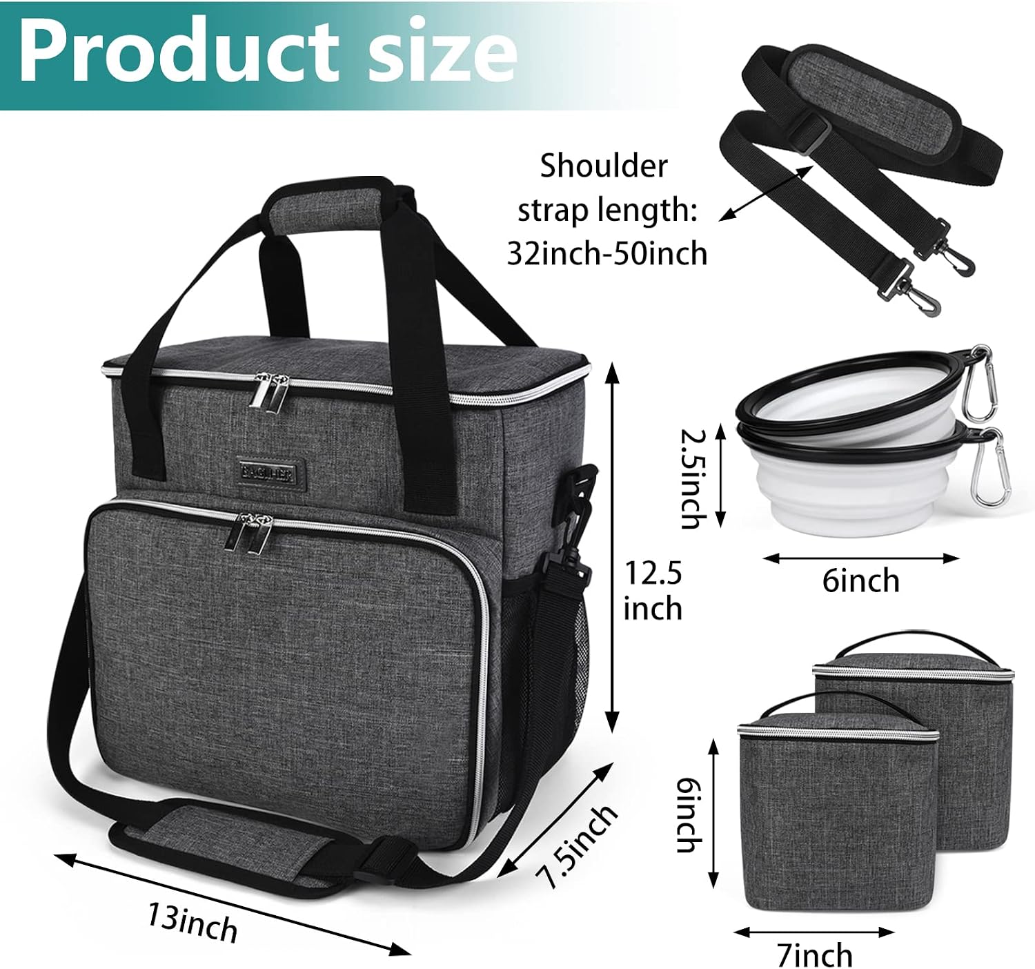 Dog Travel Bag, Pet Travel Bag (ALL Pet Travel Supplies), With 2 Pet Food Containers and 2 Collapsible Silicone Bowls; Essential Kits for Pet Travel Grey - view 3