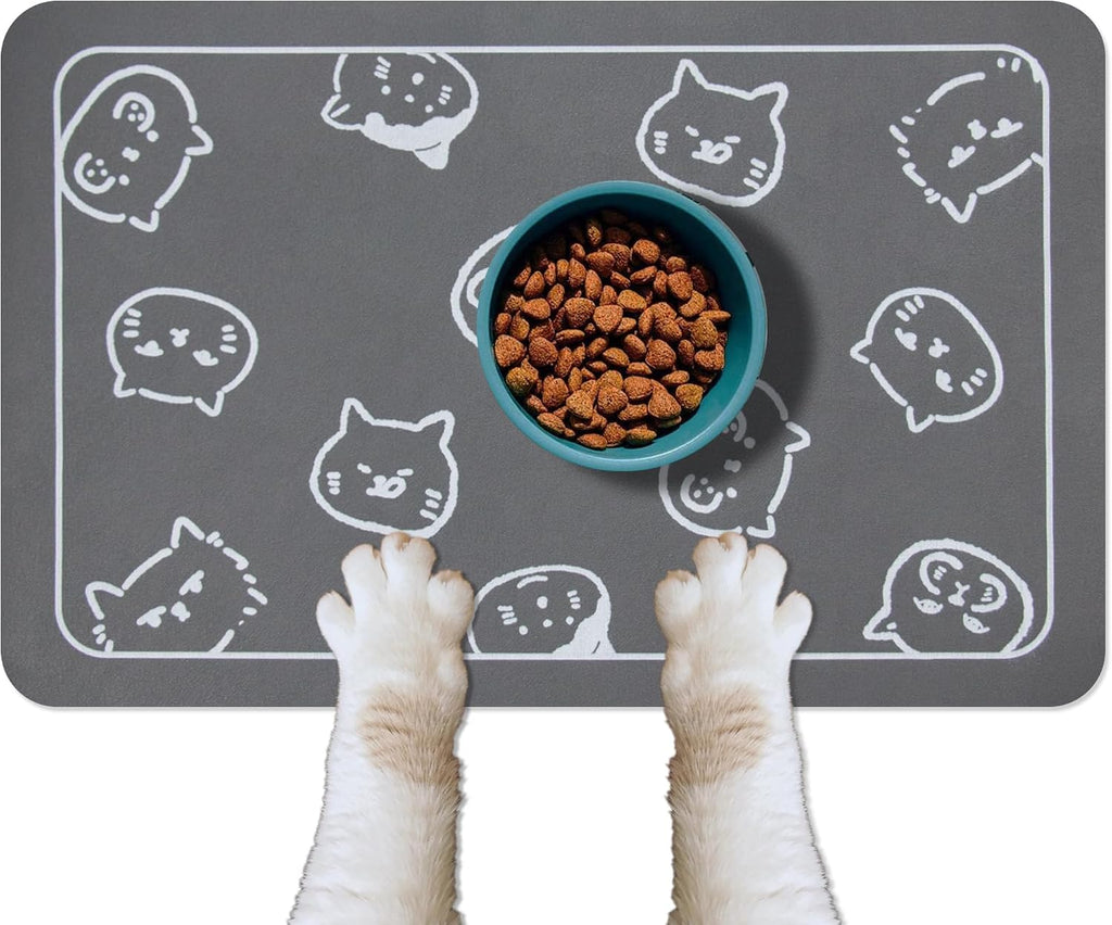 Cat Food and Water Mat for Pets - Non Slip Super Absorbent Dog Bowl Mat, with Multiple Cat Heads Logo - 24 x 16.9 Inches, Dark Gray