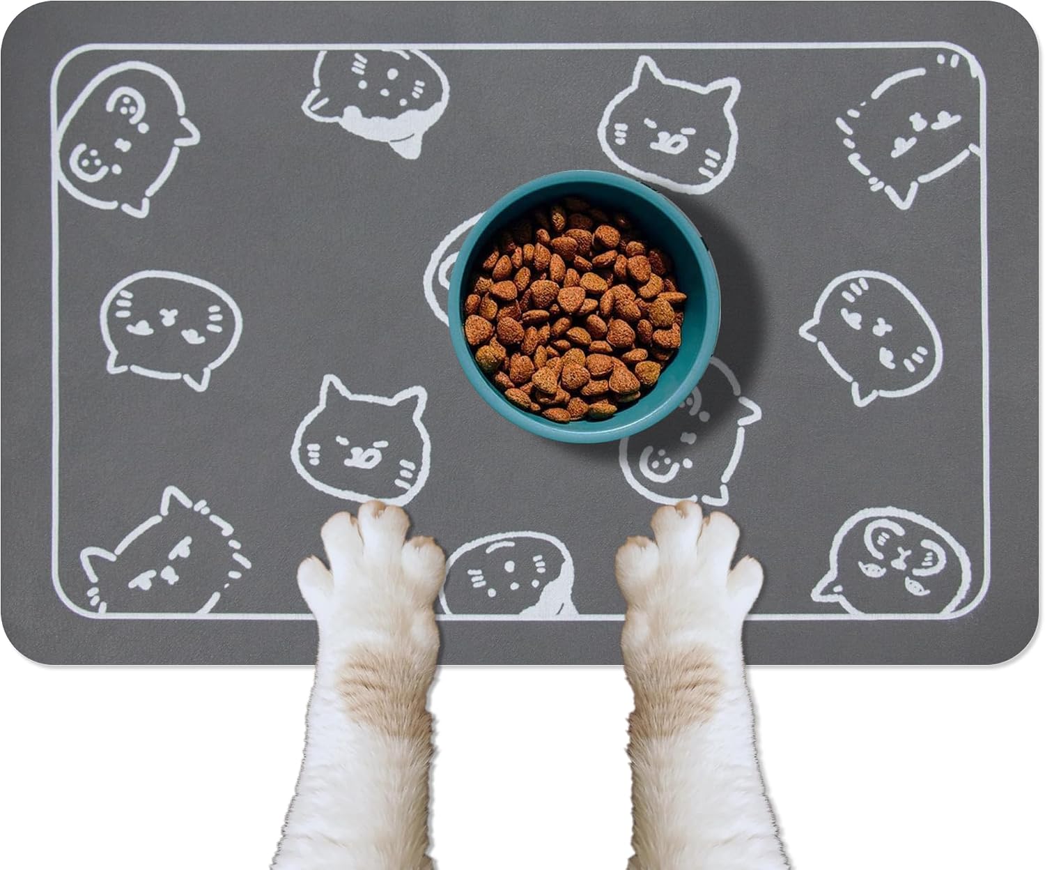 Cat Food and Water Mat for Pets - Non Slip Super Absorbent Dog Bowl Mat, with Multiple Cat Heads Logo - 24 x 16.9 Inches, Dark Gray