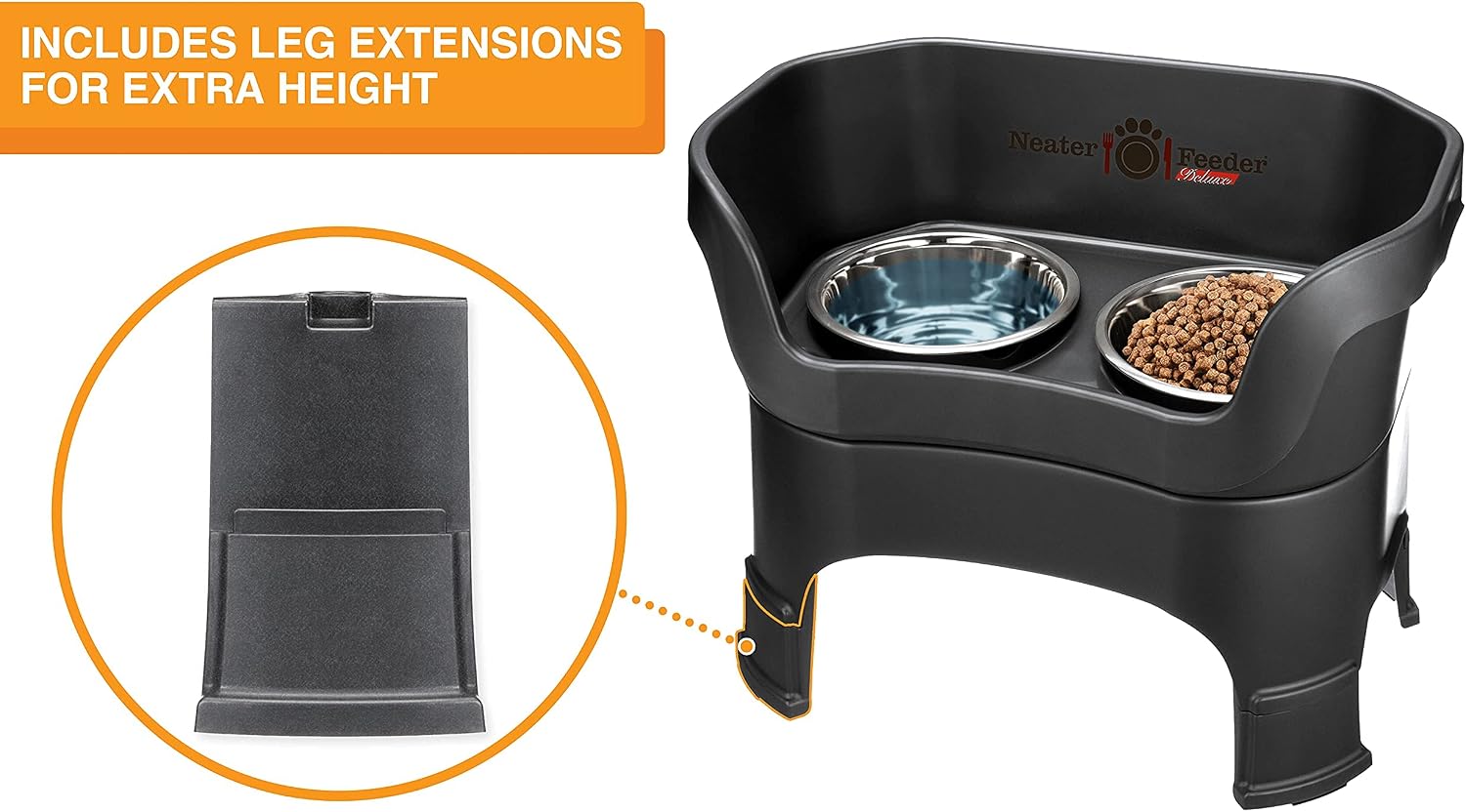 Mess-proof elevated dog bowls for large dogs (40+ lbs), 2 height adjustable (14.5" & 17.5") no-spill raised dog bowl stand, stainless steel food bowl set, made in USA, black - view 6