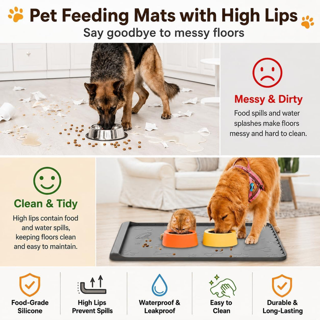 Dog food mat 36"x24" - silicone dog mat for food and water large pet feeding mats with residue collection pocket - waterproof dog cat bowl mat with high edges to prevent water food spills (gray) - view 2
