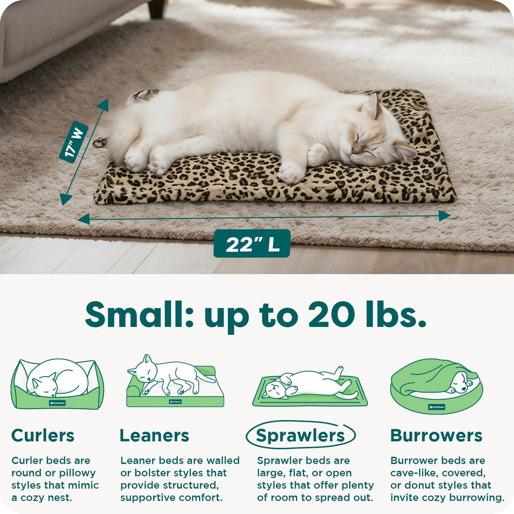 Self-warming cat bed for indoor cats & small dogs, washable & reflects body heat - quilted faux fur reflective bed mat - leopard, small - view 3
