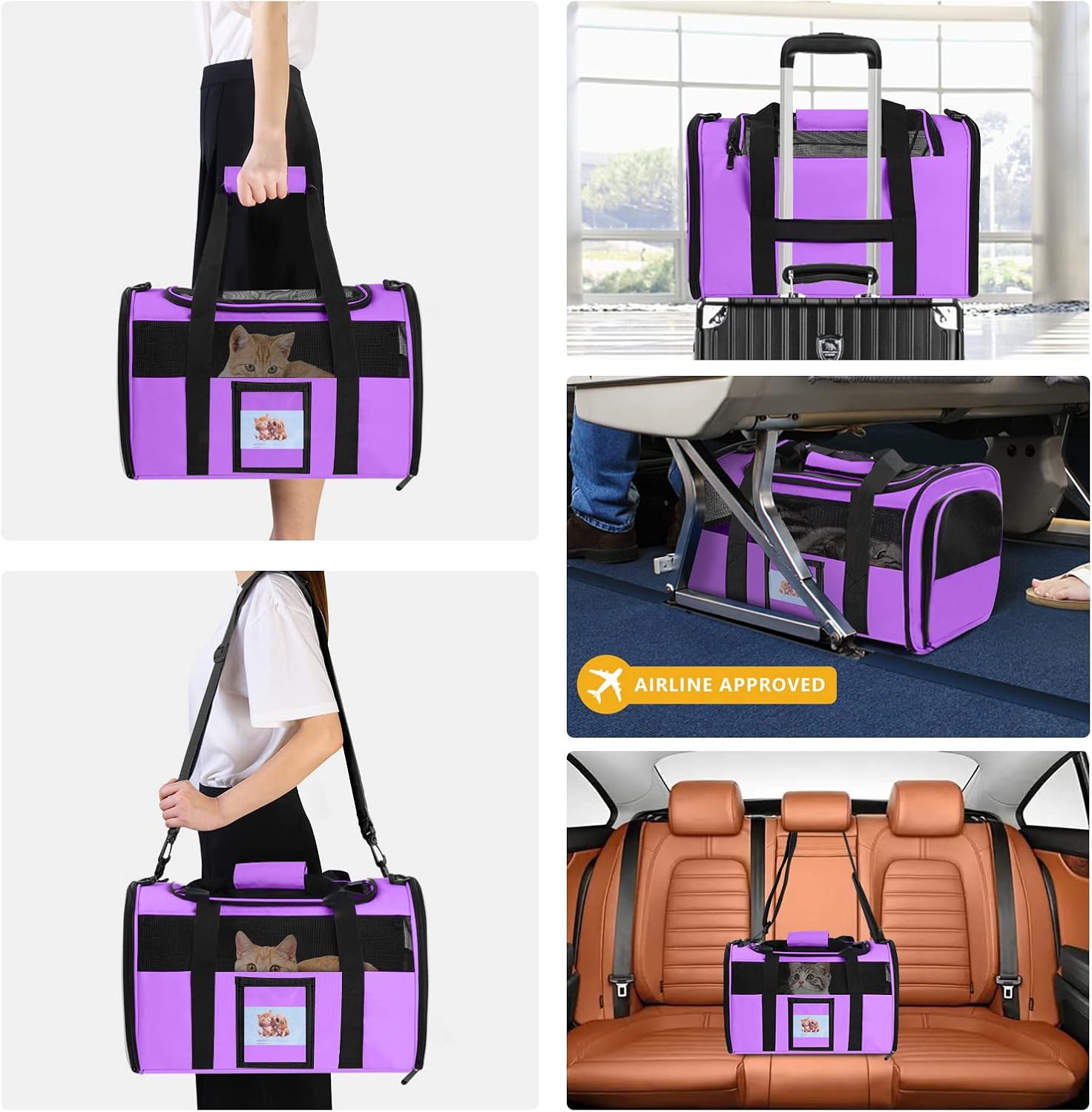 17" airline approved cat carrier for cats up to 15lbs, purple | TSA compliant fits under seat, soft-sided lightweight, 4-side breathable mesh, collapsible food bowl for travel - view 6