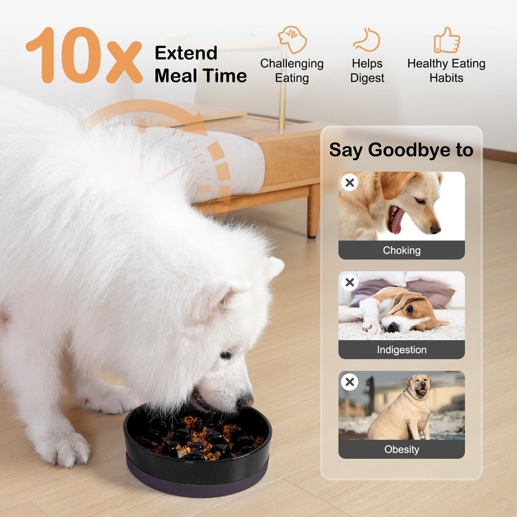 Ceramic Slow Feeder Dog Bowls for Medium Large Breed | Slow Feeding Dog Bowl, Dogs Food Bowls for Fast Eaters, Puzzle Dogs Food Bowl with Silicone Base, Maze Black - view 3