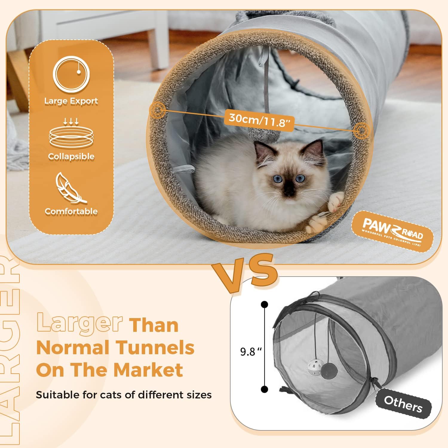 Cat Tunnel 51 Inches Long Cat Toys Collapsible Tunnel 12”Diameter | Large Cats Tube for Big Cats,Rabbits and Puppy Extra Long Cat Play Tunnel Straight with 2 Peepholes for Indoor&Adult Cats - view 4