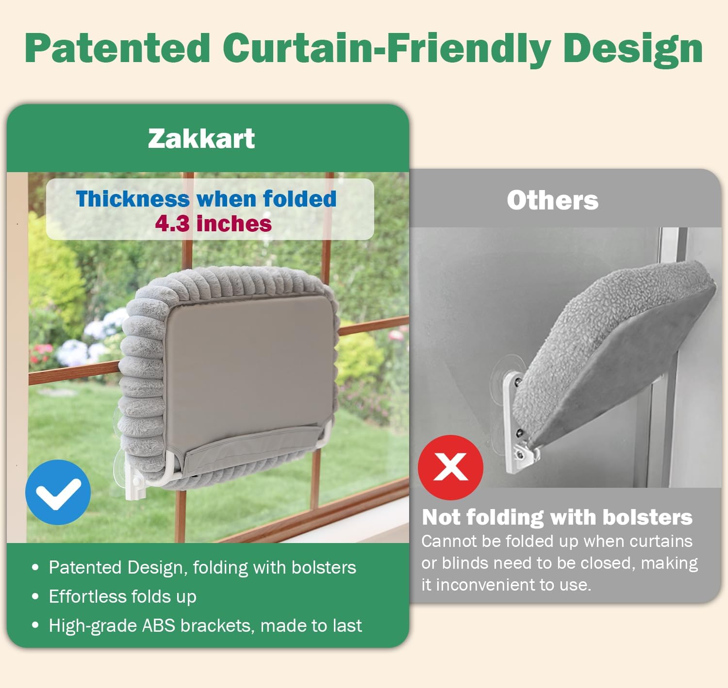 Foldable cat window perch - cordless, ultra soft machine washable bed with 4-sided bolster, metal frame - window hammock for large cats and kittens (cream white, medium) - view 2