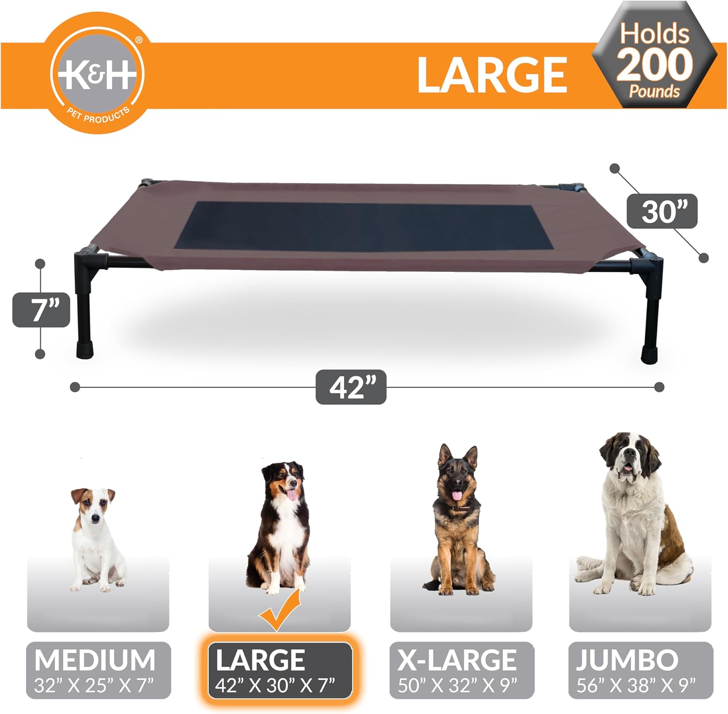 Outdoor elevated dog bed - cooling raised dog bed for medium & large pets, breathable mesh center hammock design, indoor/outdoor washable cover, portable metal frame, chocolate, large 42x30in - view 5