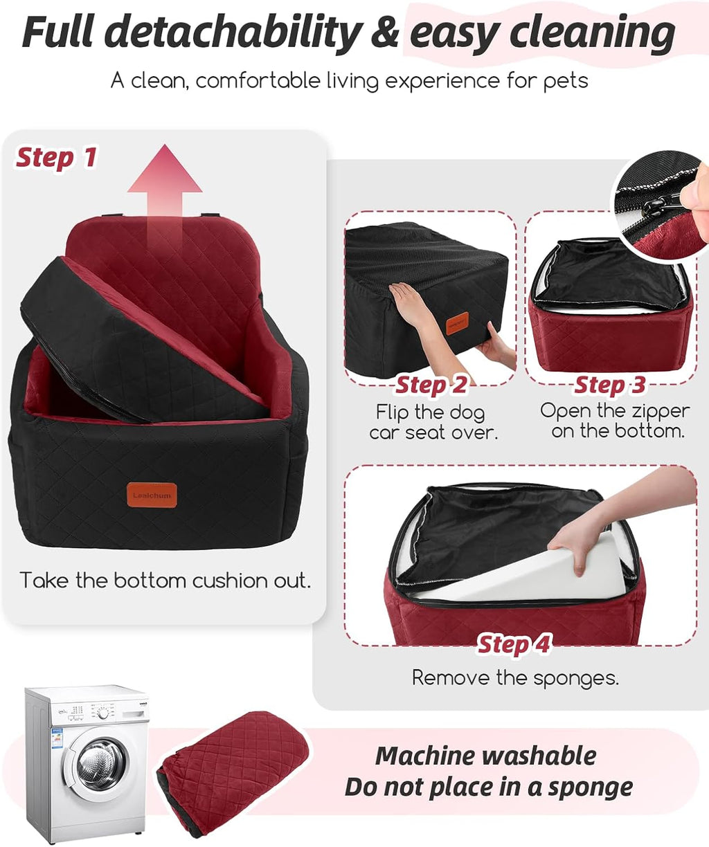 Lealchum dog booster car seat for small/medium dogs, puppy portable car bed with elevated cushion, fully detachable and washable, 2 storage pockets, easy to install (black/red, medium) - view 6
