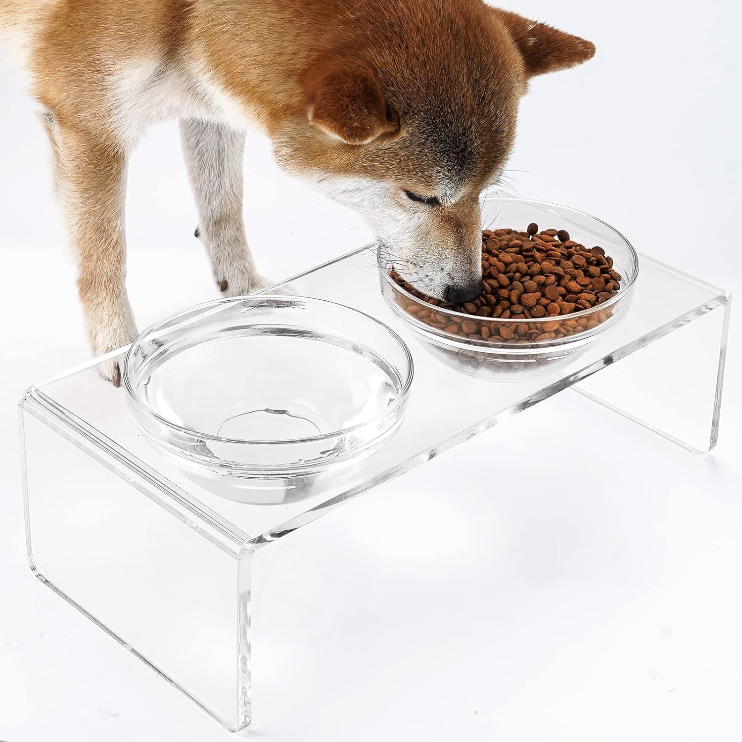 Acrylic elevated dog cat bowls pet feeder double bowl raised stand comes with 2 removable glass bowls and 2 stainless steel bowls. Perfect for medium dogs, 5.5" tall - view 2