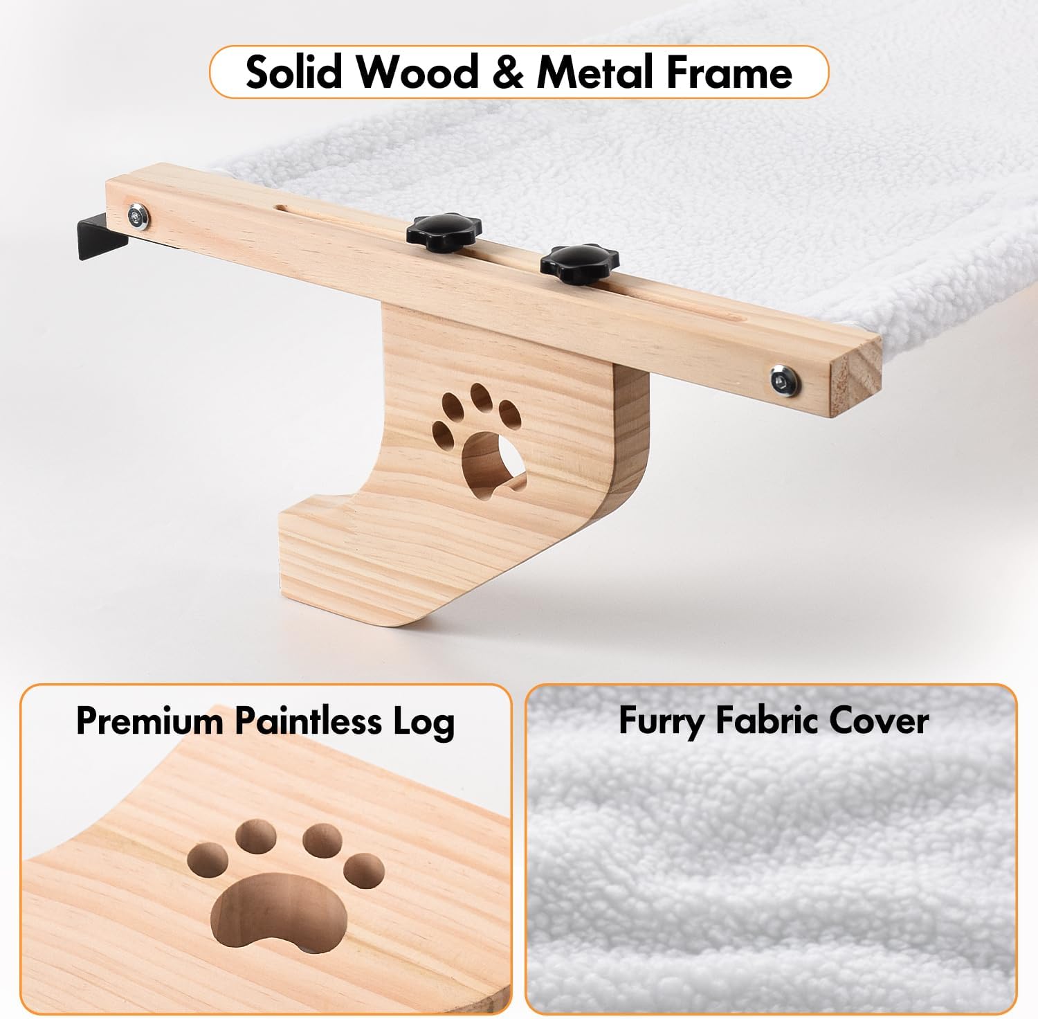 Cat Windowsill Perch with Wood & Metal Frame for Large Cat, 21.7in | Solid Wood Frame, Easy to Adjust, Washable Berber Fleece Cover, No Suction Cups Cat Window Seat for Windowsill, Bedside - view 5
