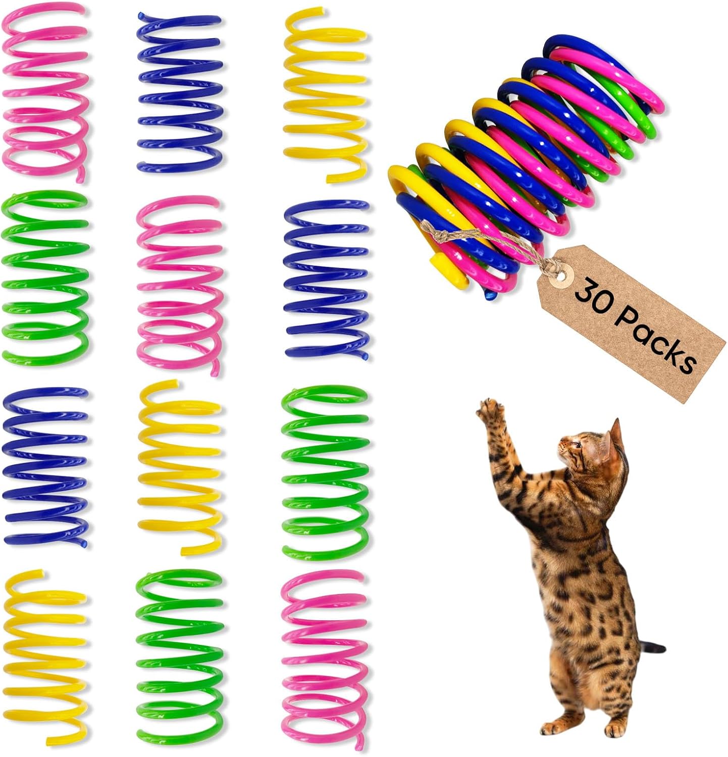 Cat toys for indoor cats, 30 pack interactive cat spring toys | colorful durable plastic coils, bounce & roll for hunting, chasing and biting, bulk toys for bored adult cats self play