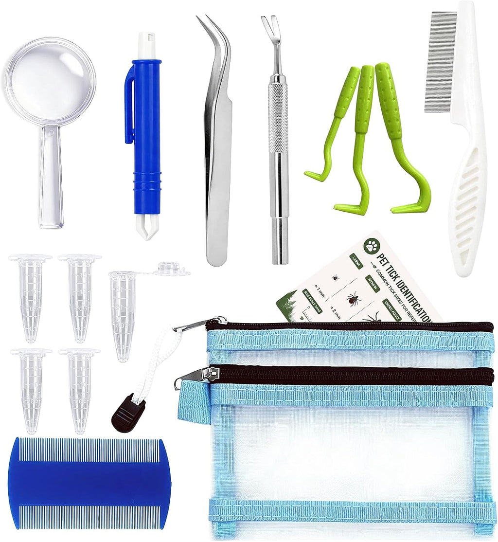 16-Piece Professional Tick Removal Tool Kit, Stainless Steel Tick Remover Tweezers, Hooks & Accessories for Dogs, Cats & Humans, Outdoor Camping Essentials