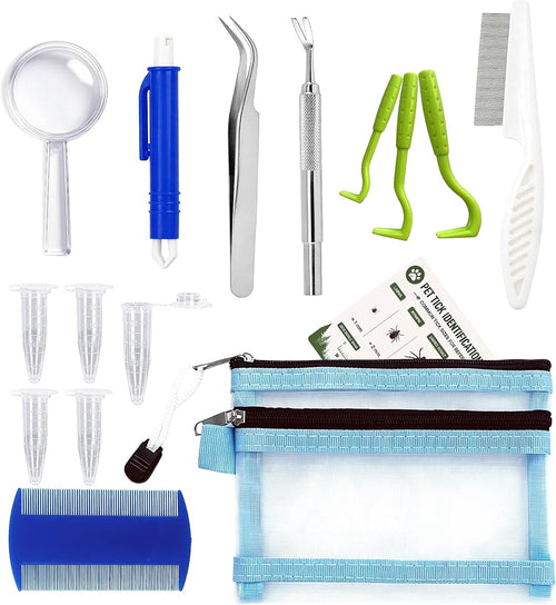 16-Piece Professional Tick Removal Tool Kit, Stainless Steel Tick Remover Tweezers, Hooks & Accessories for Dogs, Cats & Humans, Outdoor Camping Essentials