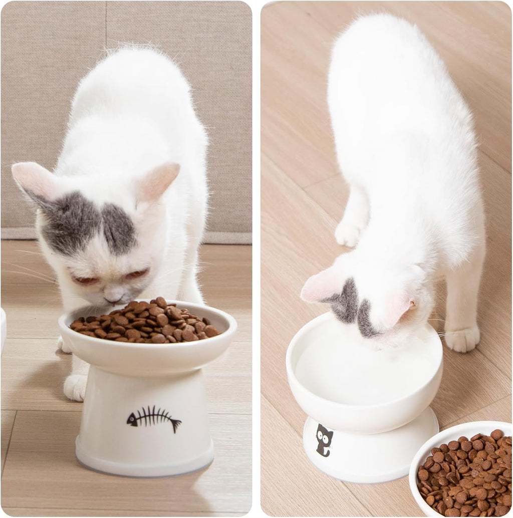 Raised cat food and water bowl set, whisker friendly elevated ceramic cats feeder bowls with anti slip ring, anti-vomiting shallow high porcelain pet kitten dish, dishwasher safe (white) - view 6
