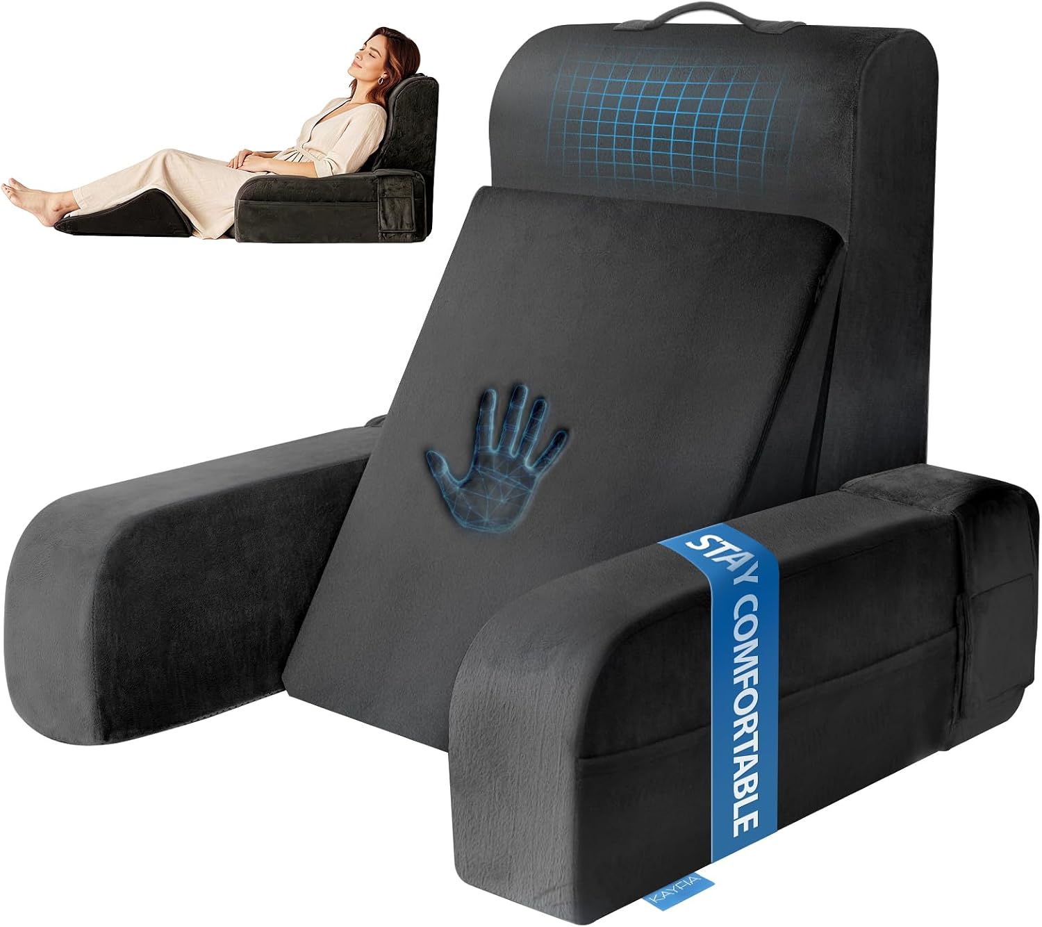Reading Pillow, Gel Memory Foam Back Rest Pillow, 19", Ivory | 3 Storage Pockets, Dual-Use Back Leg Support Pillow, Detachable Armrests, Ideal for Reading, Gaming, Working on Bed & Couch - view 6