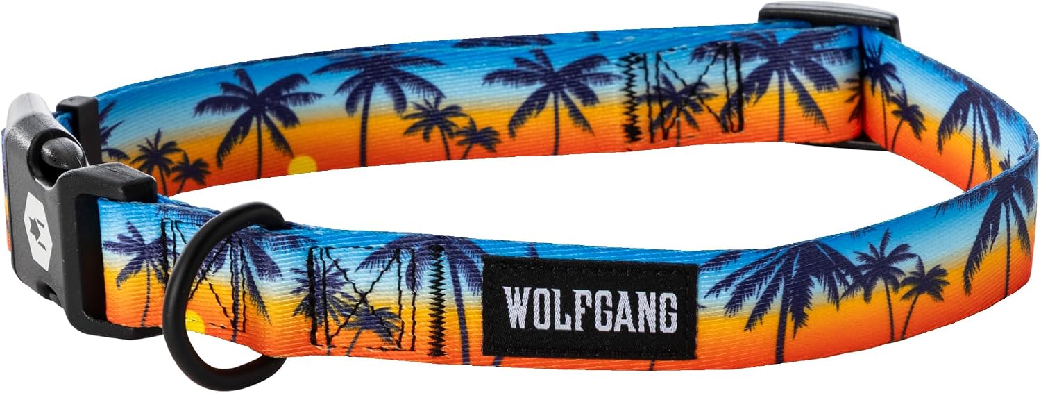 Heavy duty, adjustable dog collar with quick release nylon buckle for walking & training, sunsetpalms print, medium