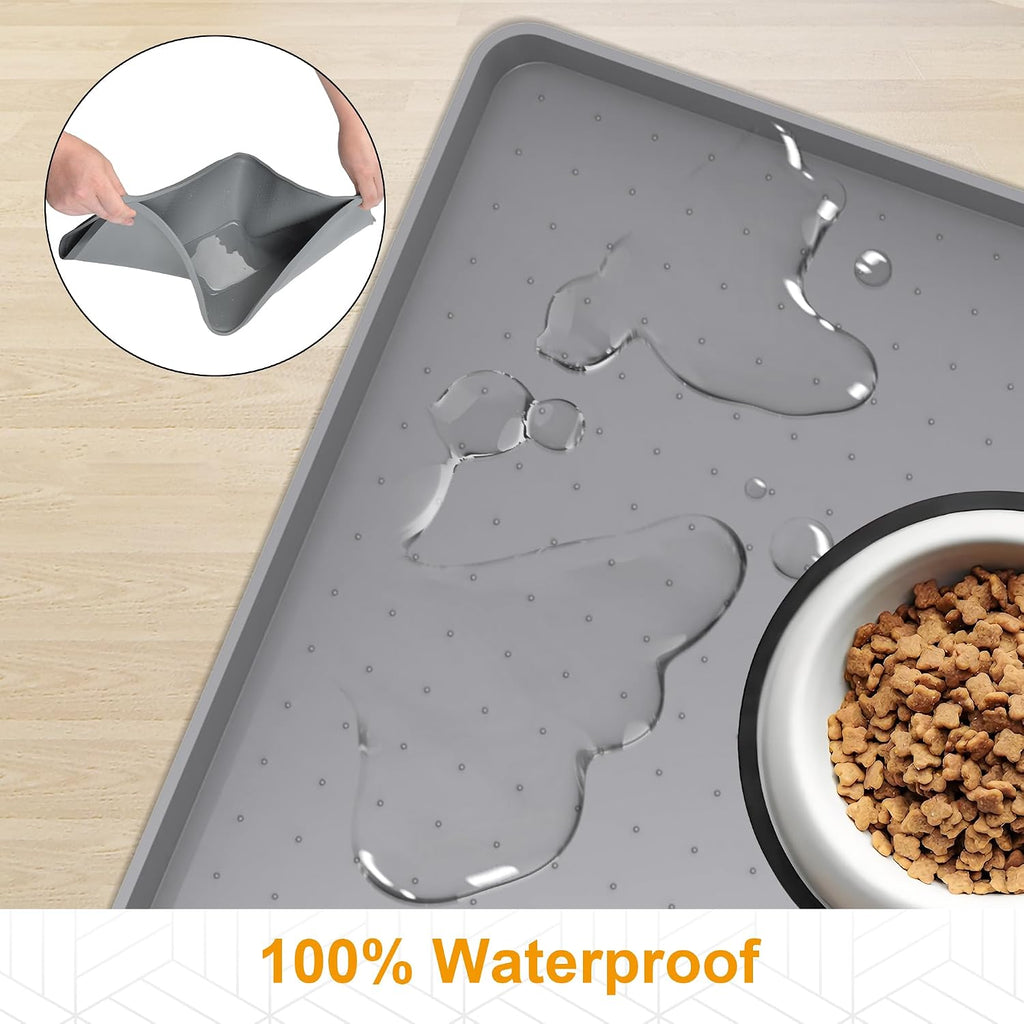 Silicone pet Food mats for Floor Waterproof Water Tray for pet Bowl | Grey 24" x 16" xl pet food mat 0.5” inch raised edge, cat food mats for indoor, pet feeding mat water bowl tray for floors - view 3