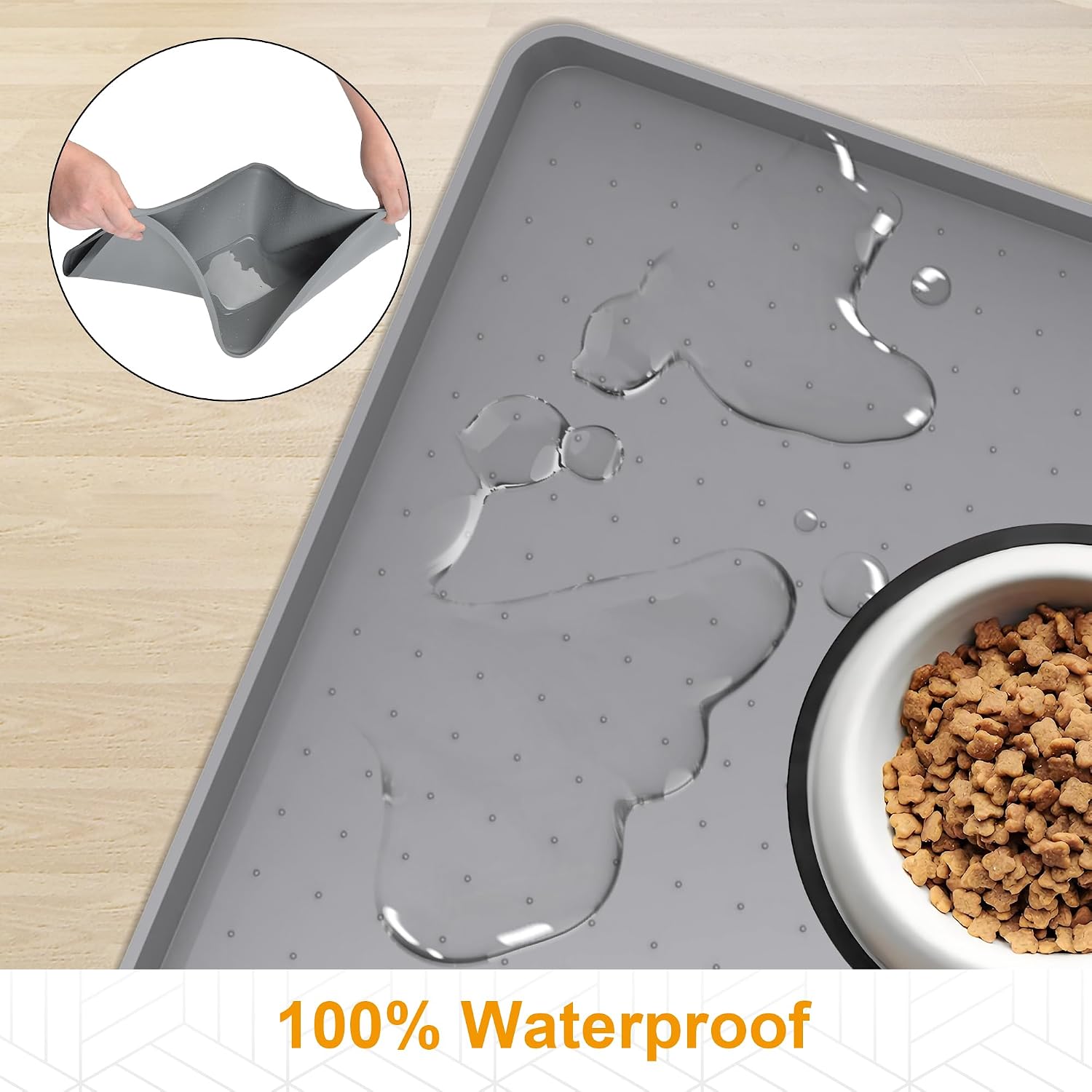 Silicone pet Food mats for Floor Waterproof Water Tray for pet Bowl | Grey 24" x 16" xl pet food mat 0.5” inch raised edge, cat food mats for indoor, pet feeding mat water bowl tray for floors - view 3