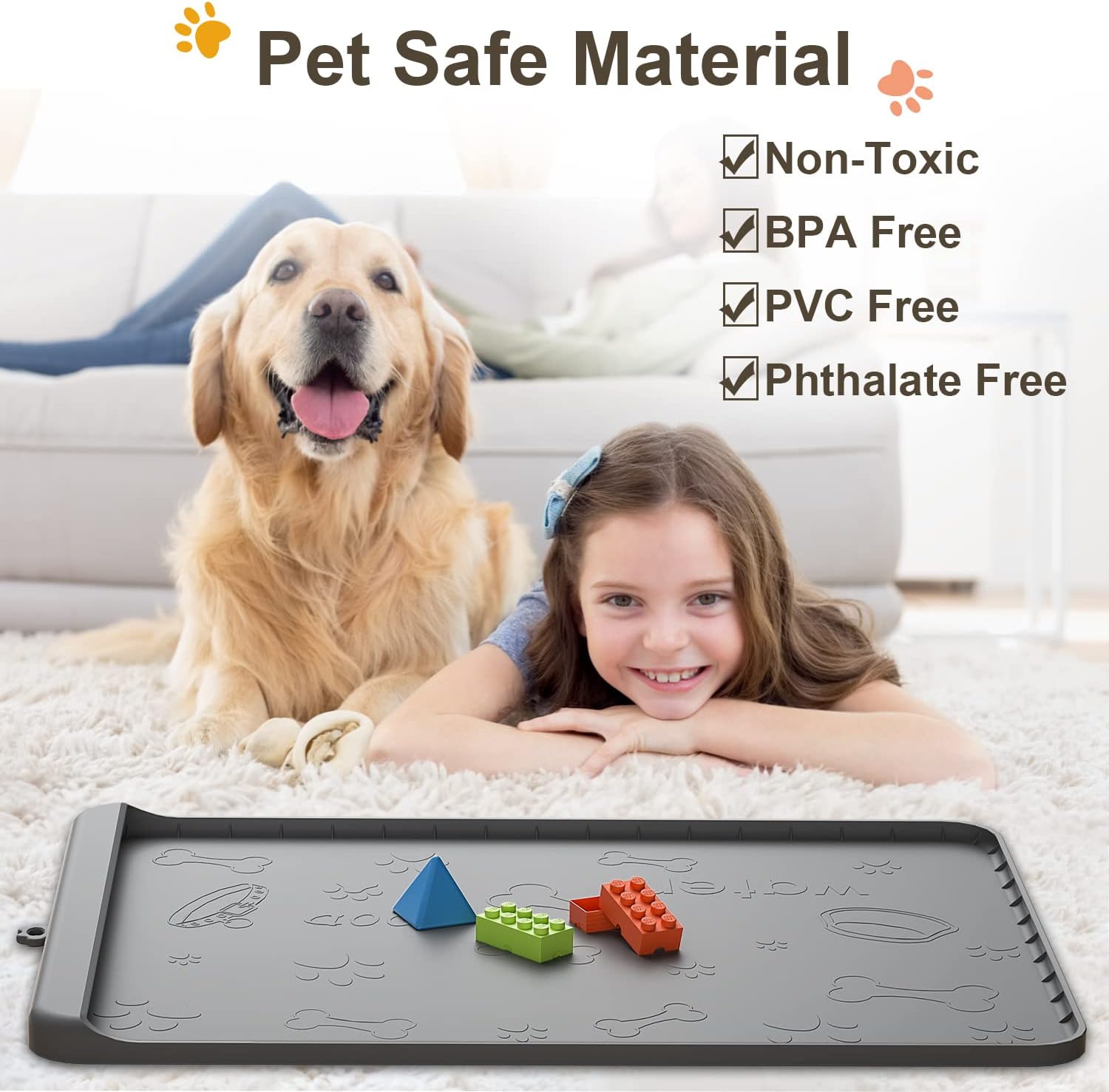 Dog food mat 36"x24" - silicone dog mat for food and water large pet feeding mats with residue collection pocket - waterproof dog cat bowl mat with high edges to prevent water food spills (gray) - view 3