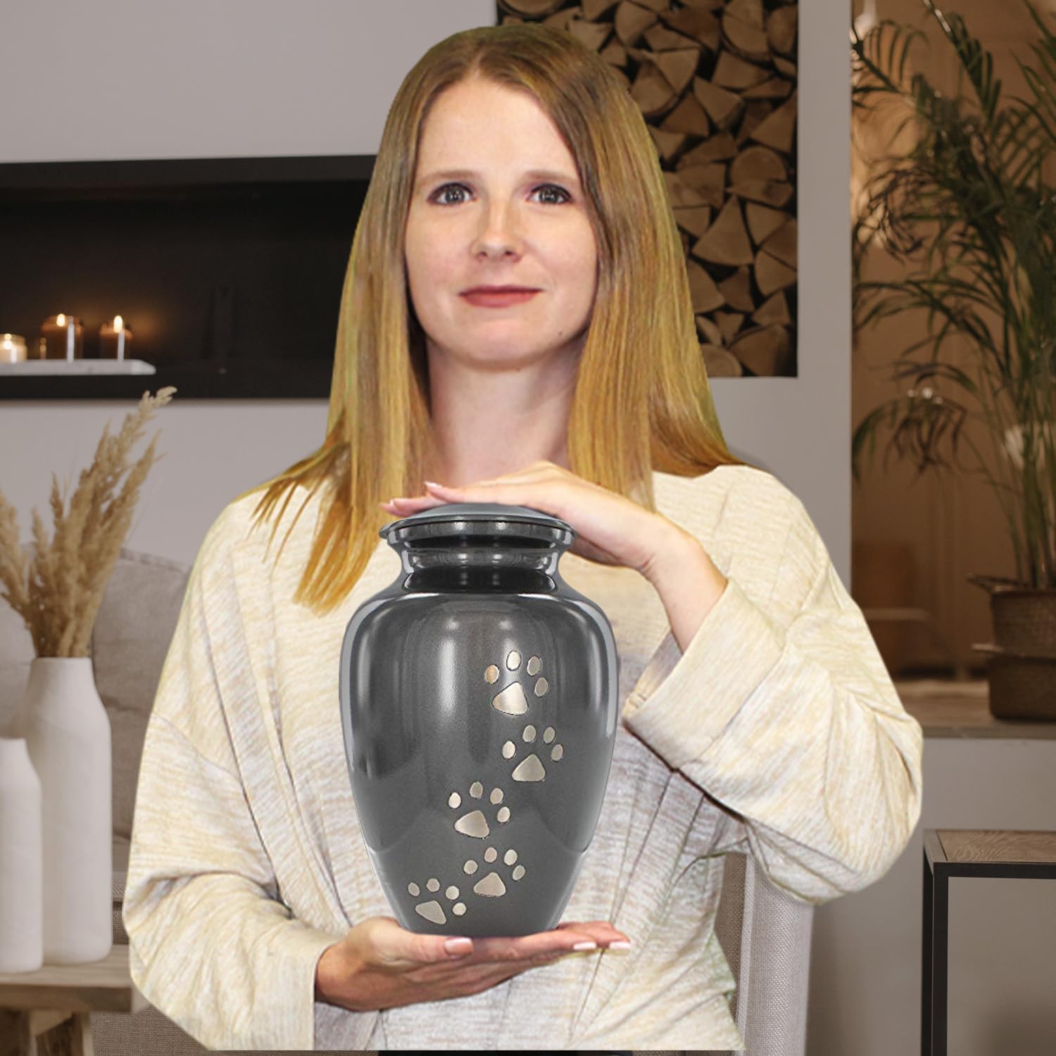 Large Pet Urn for Dogs and Cats Ashes, Paws Print Grey Cremation Urns for Pets up to 122 lbs - view 3
