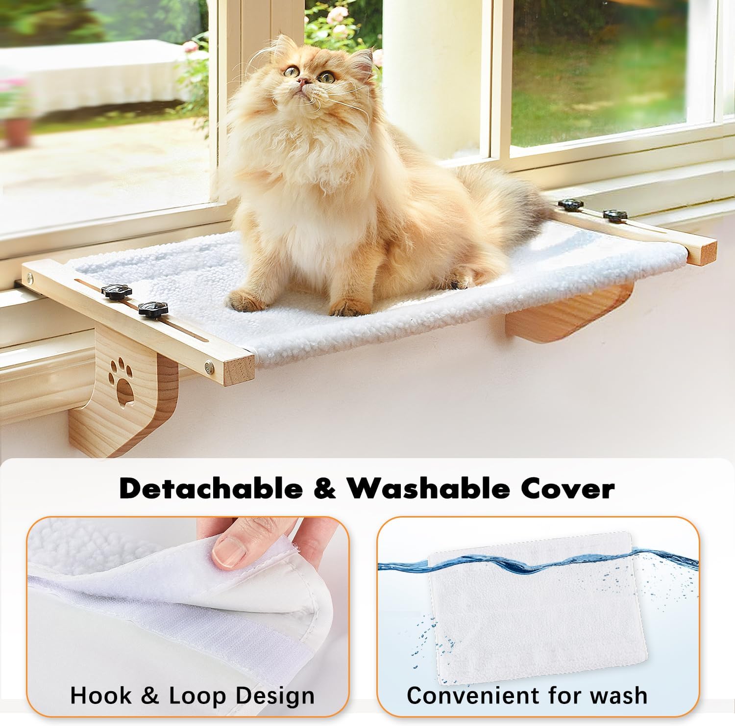 Cat Windowsill Perch with Wood & Metal Frame for Large Cat, 21.7in | Solid Wood Frame, Easy to Adjust, Washable Berber Fleece Cover, No Suction Cups Cat Window Seat for Windowsill, Bedside - view 2