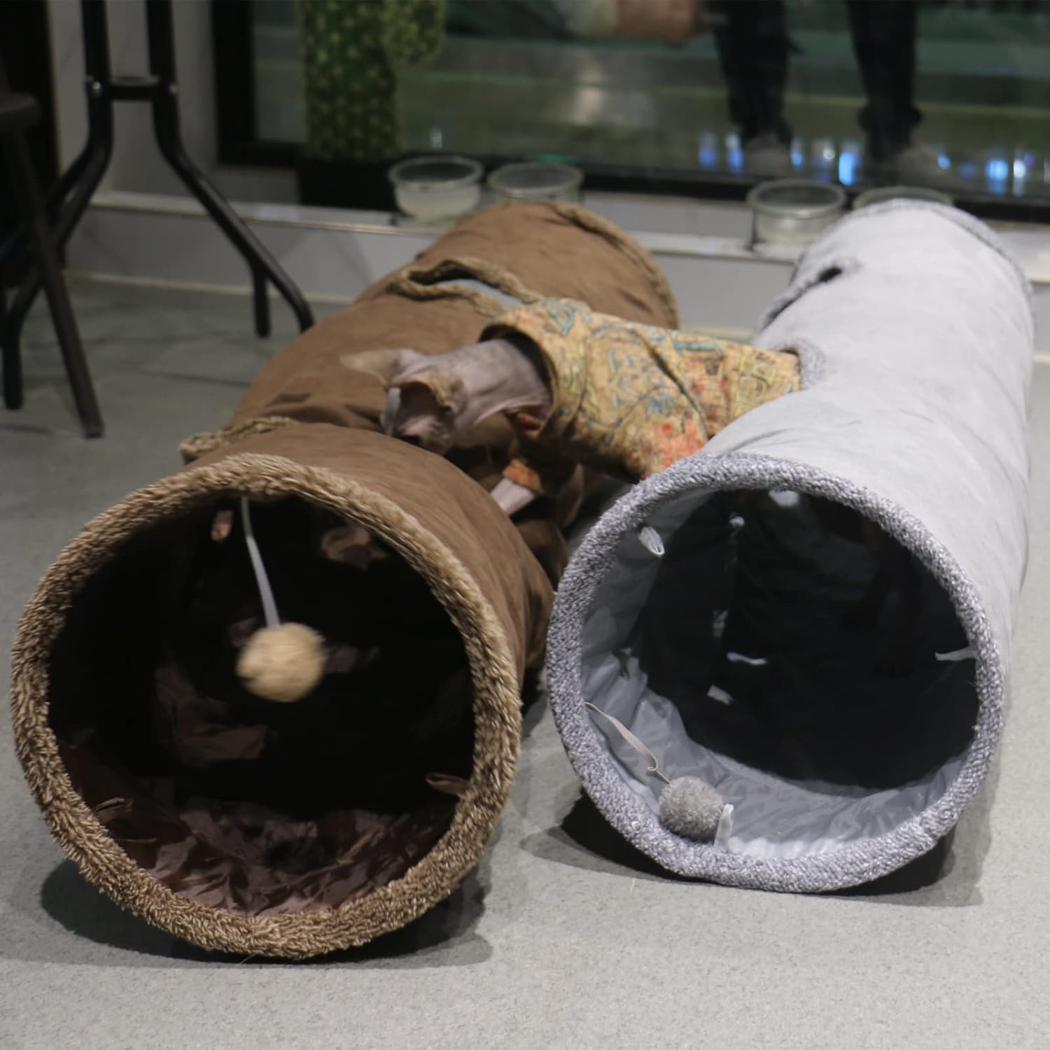Cat tunnel for indoor cats, 51×12 inch foldable big cat tunnel, grey suede pet tunnels with two peepholes and a bubble ball - view 6