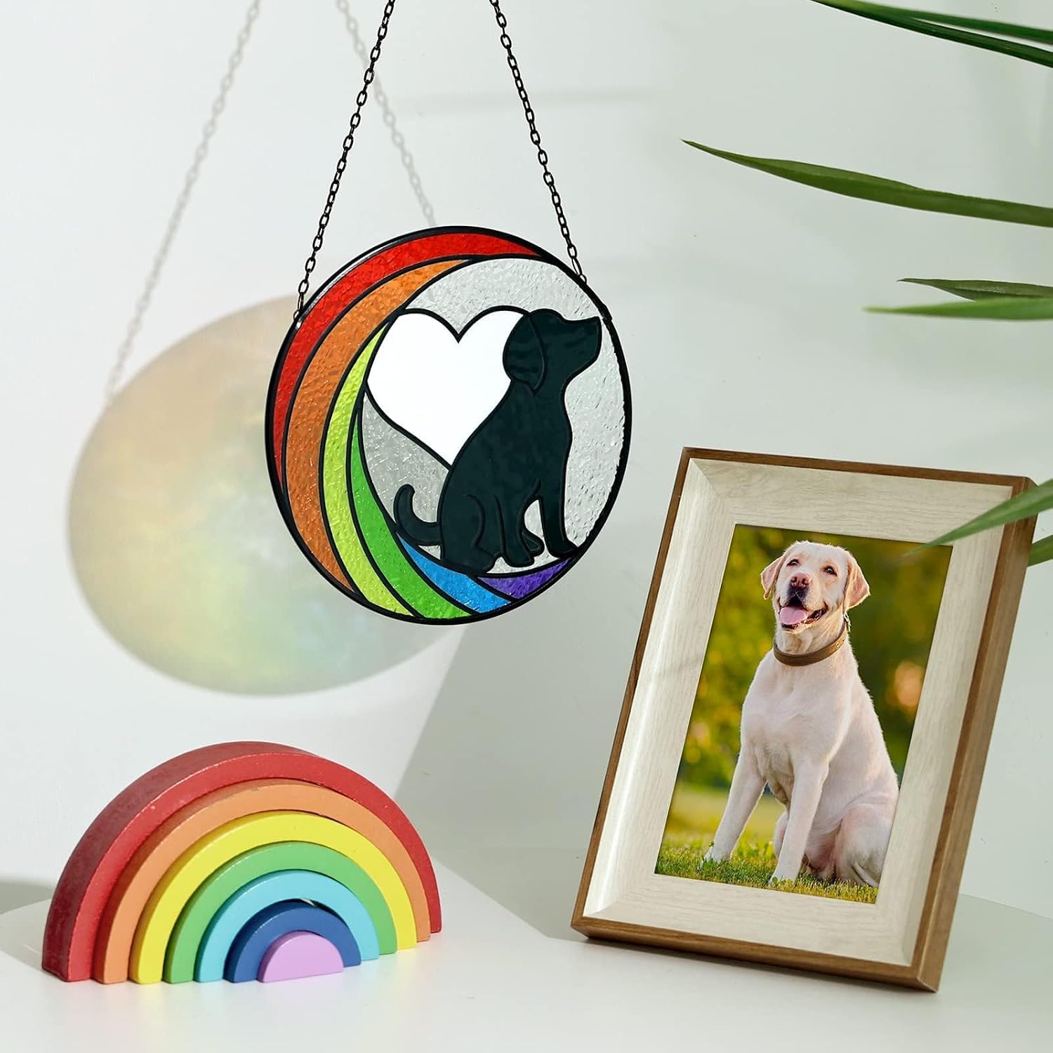Dog Memorial Gifts for Loss of Dog Stained Glass Window Hanging Rainbow Bridge Sun Catcher Sympathy Gift for Dog Lovers Pet Loss Present Double Side Glass Panel Decor - view 2