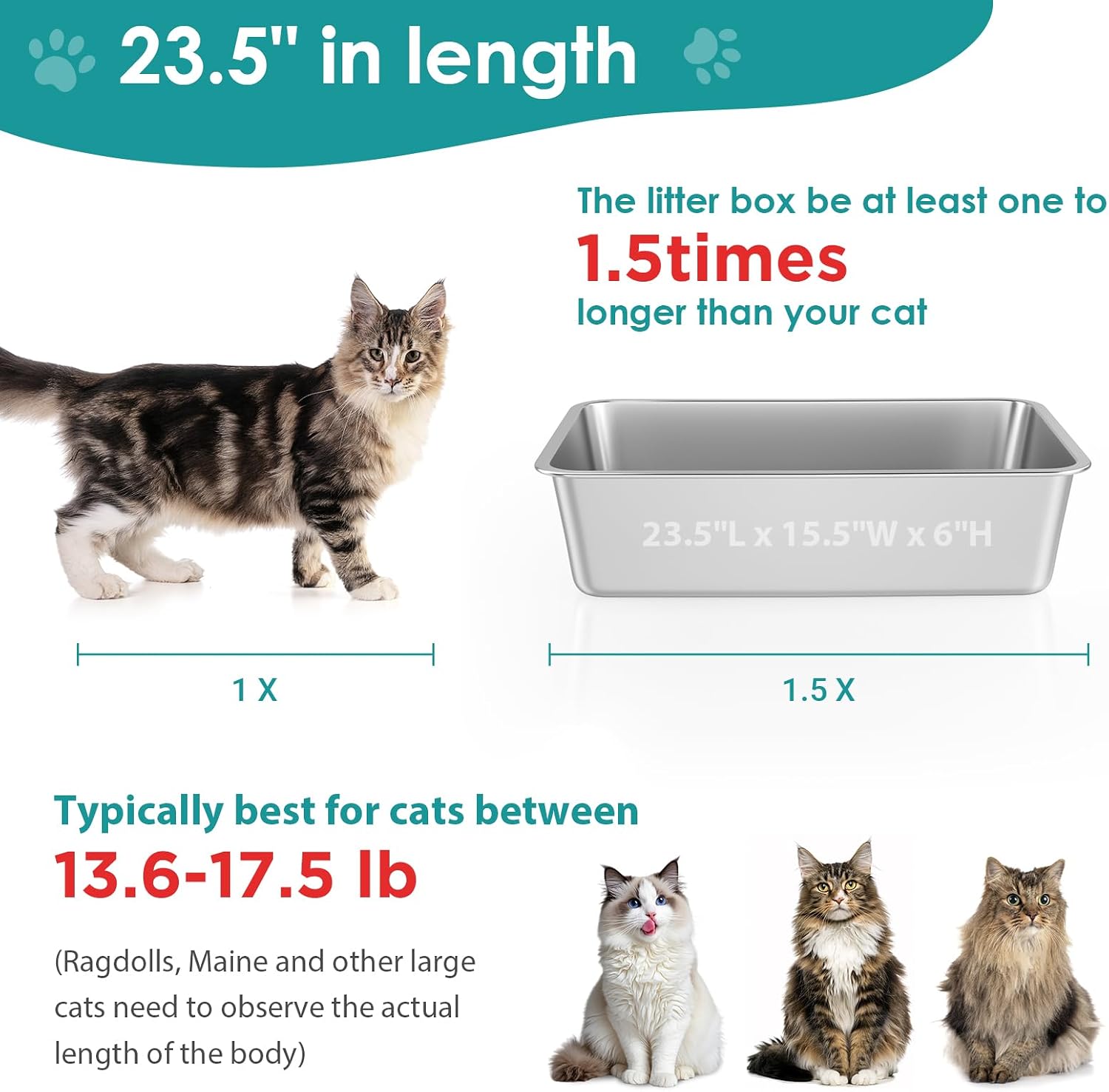 Stainless steel cat litter box, large metal litter box 23.5" lx15.5 wx6 h | never absorbs odors, stain free, rustproof, non stick smooth surface, anti-slip rubber bottom - view 2