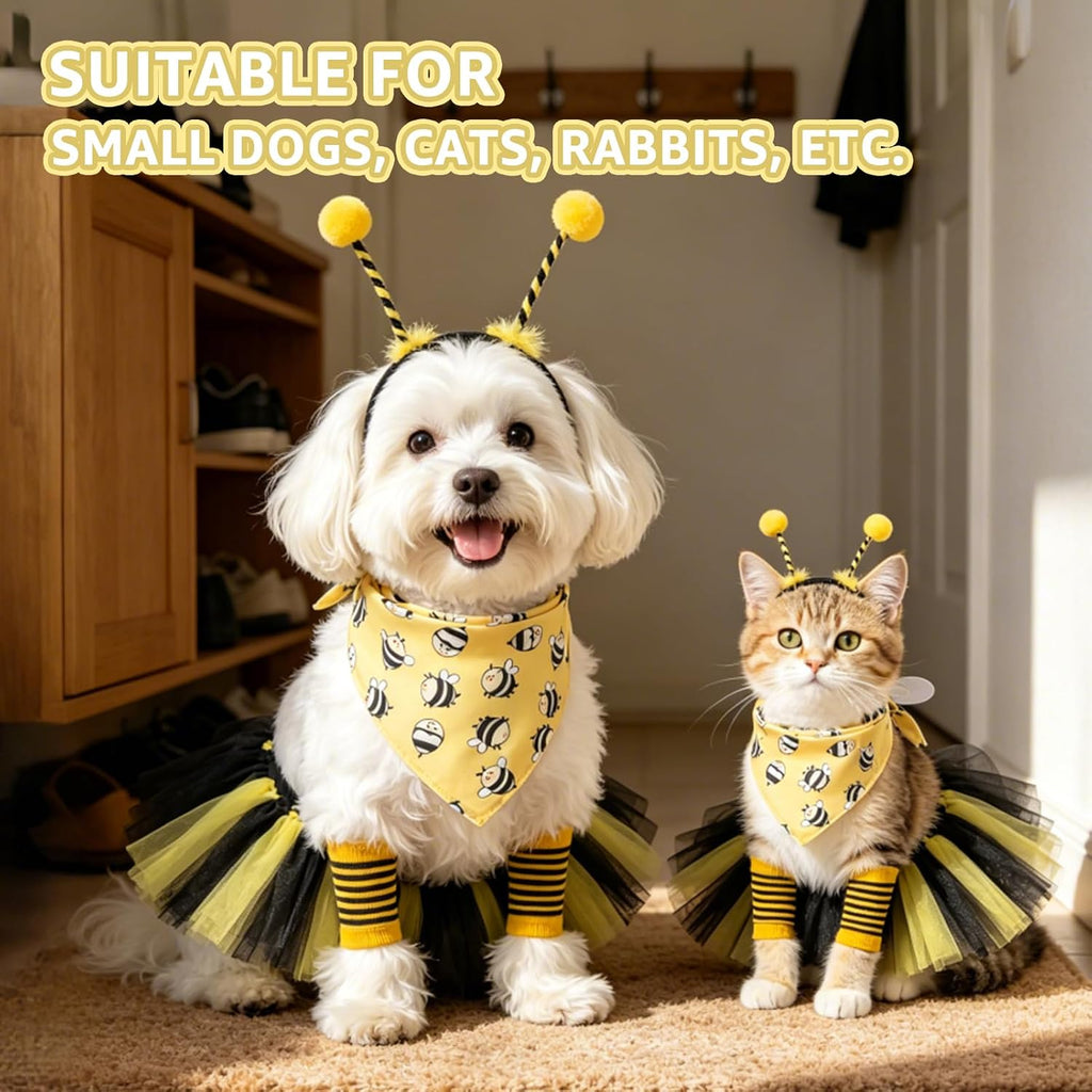 Dog Bee Costume, Bumble bee Dog Bandana Outfit with Cute Headband Tutu Skirt Leg Sleeves Set, Funny Puppy Halloween Costume Party Cosplay Accessory Supplies for Small Medium Dogs Cats - view 6